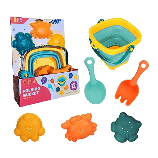 SUNFUN Beach Toys for Kids | Sand Toys | Folding Bucket Shovel and Sand Rake 3 Sand Molds | 6 PCS | Soft Rubber Toys | Sandbox Toys | Bath Toys