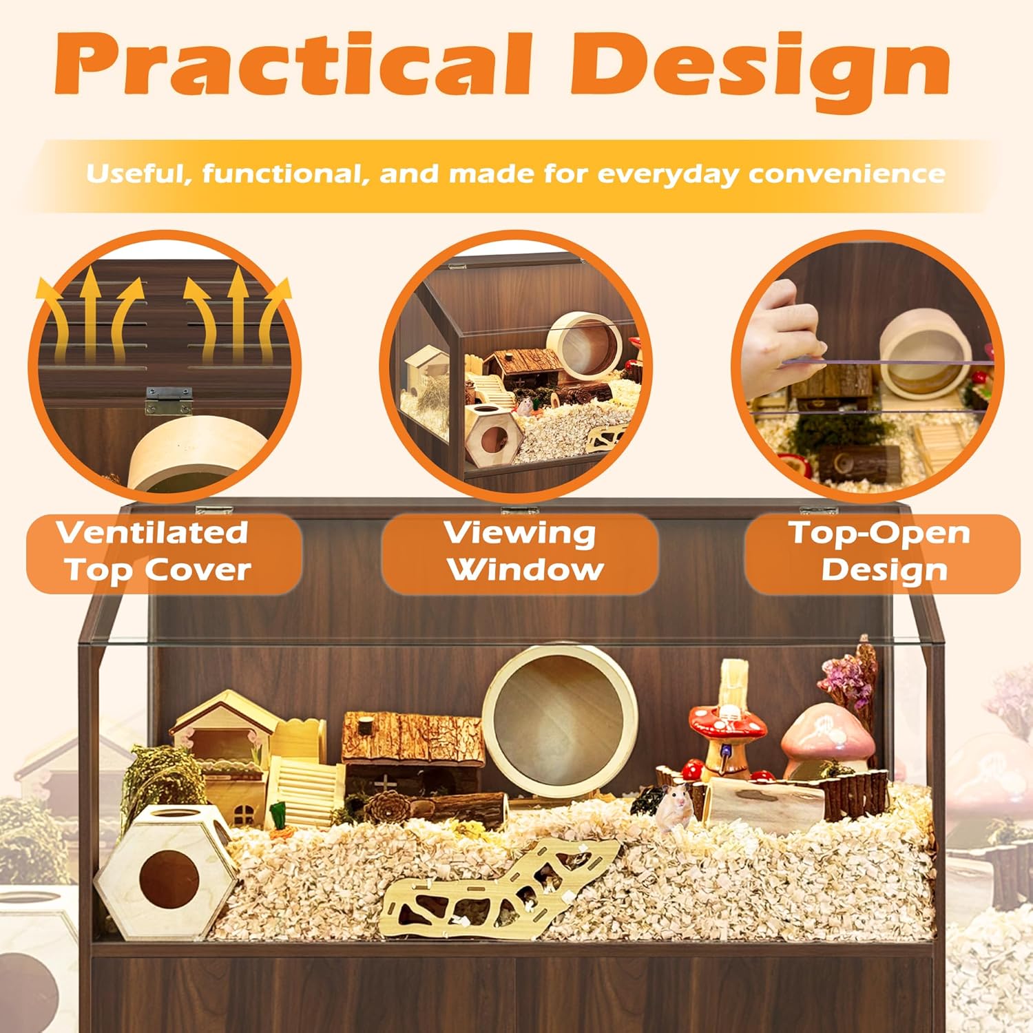 PROLEE Hamster Cage with Storage Cabinet,Large Hamster Encloure Chew Proof Wood,Clear View Hamster Habitat for Guinea Pig, Ferret, Rat, Hedgehog，47“ X 40” X 20“ (Walnut)