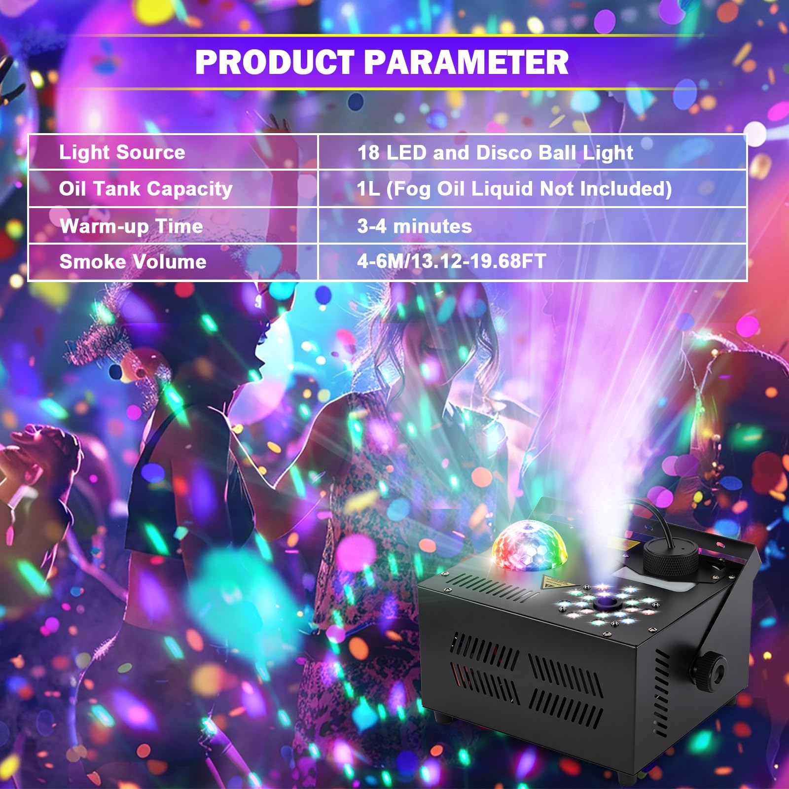 Hakuta 1500W Fog Machine Vertical Smoke Machine with 18 LED Lights, Disco Ball for Halloween Wedding Disco Club Christmas Party DJ Performance