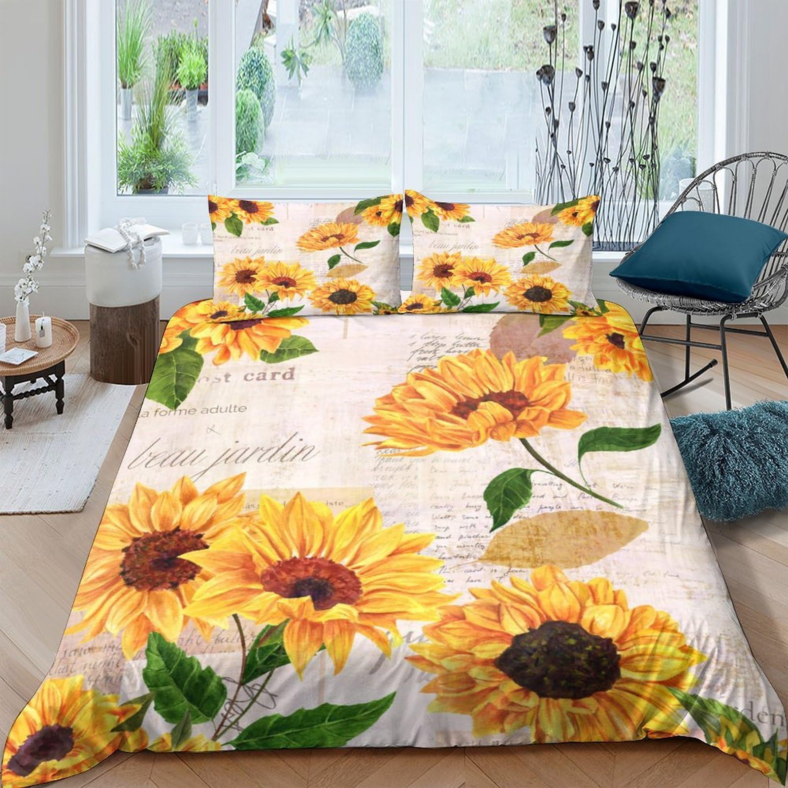 GPLZQXKJNH 3D Printed Sunflower Duvet Cover Microfiber Soft Breathable Floral Bedding Set with 2 Pillowcases for Bedroom Home Décor Single（135x200cm）