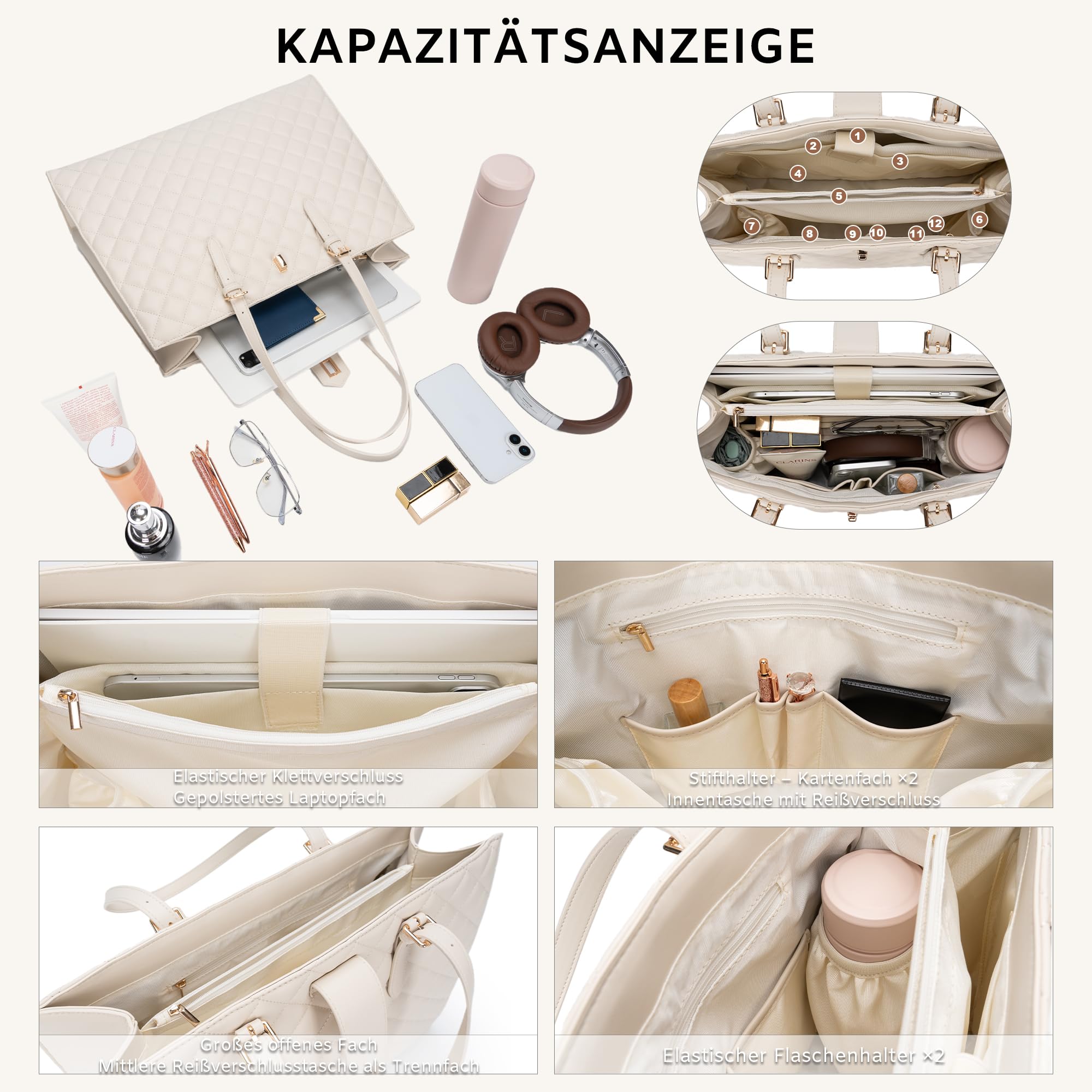 BAGOK Quilted Laptoptasche Damen aus PU Leder, Arbeitstasche Shopper Tote, Lehrertasche Nurse Bag, große Kapazität, passend für Laptops bis zu 14 Zoll, für Büro, Uni und Alltag