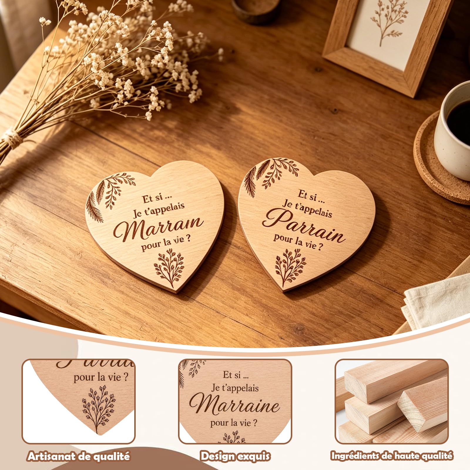 Cœurs Gravés Parrain Demande Marraine Baptême Naissance Lot 4 Pièces 10x9 cm Enveloppes Kraft Cadeau Bébé Famille