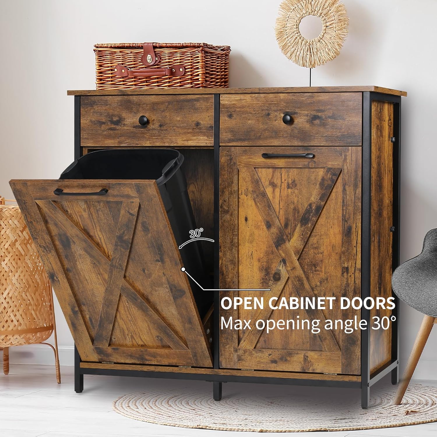 MAMIZO Double Tilt Out Trash Cabinet 10 Gallon*2,Kitchen Garbage Cabinet,Pet-Proof Standing Hidden Dual Laundry Sorter,W/Hideaway Drawer,for Kitchen,Living,Dining Room (Rustic Brown)