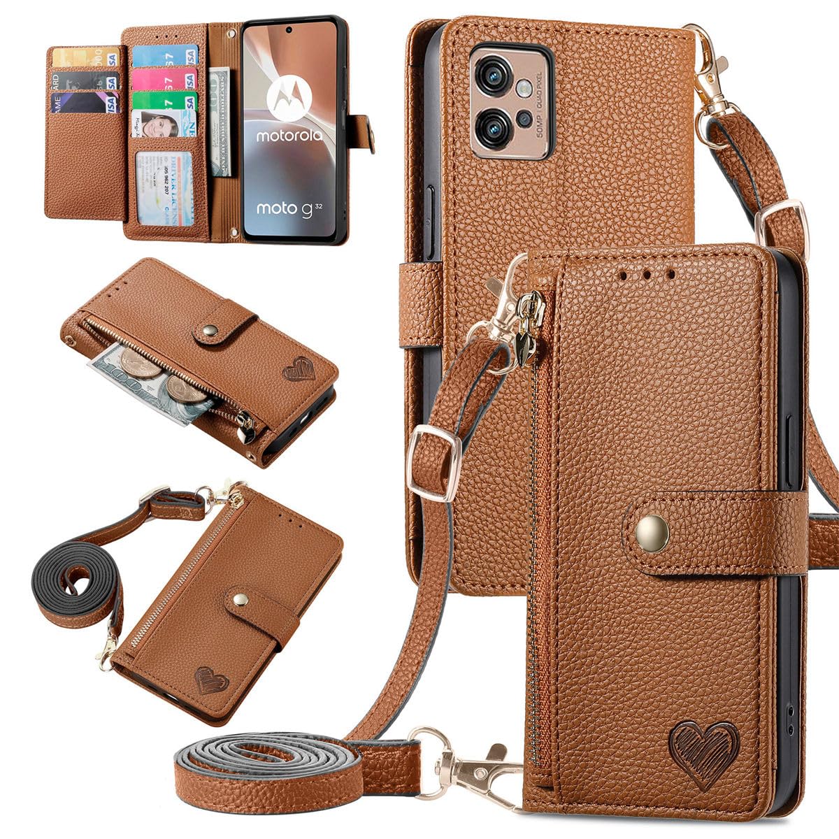 MOJIA Custodia per Motorola Moto G32, Alta qualità Pelle Flip Portafoglio Cover per Telefono, Multifunzione Porta Carte con Tracolla Custodia. Marrone