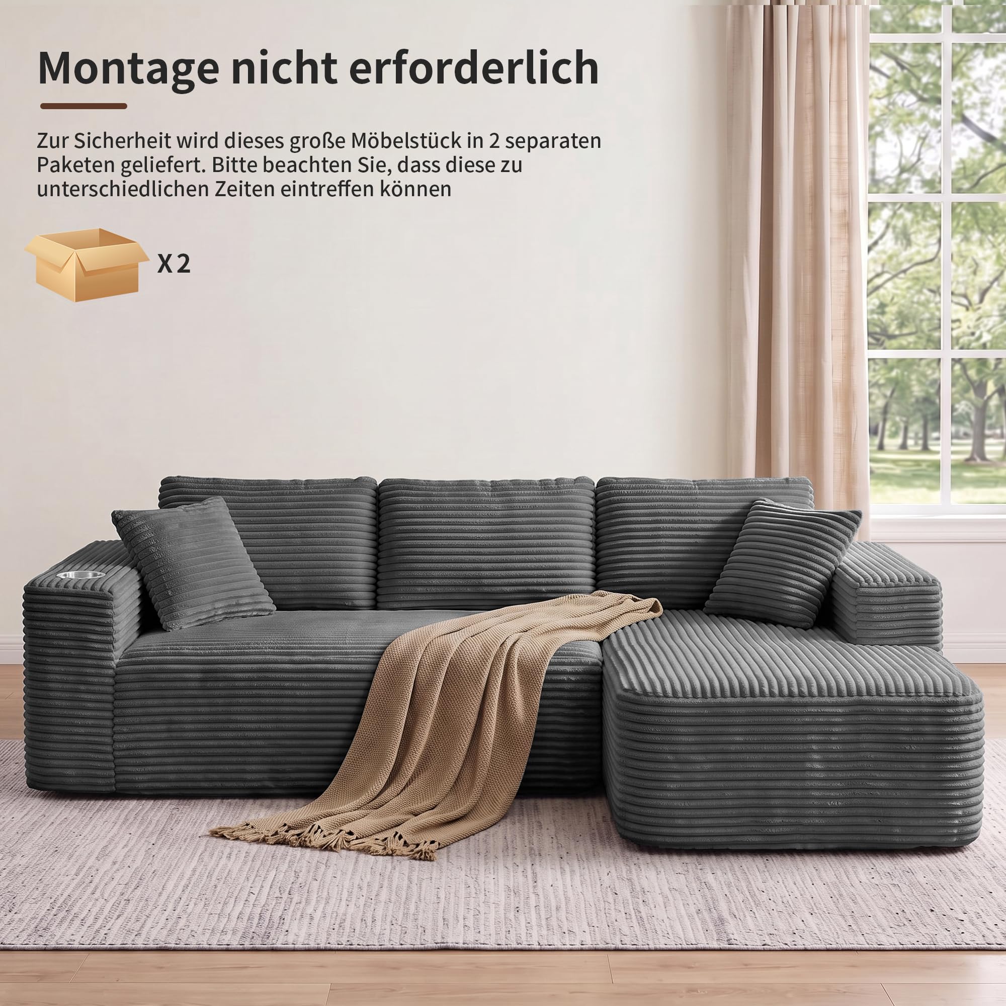 BonVache Ecksofa mit Schlaffunktion, 3-Sitzer Sofa mit Tassenhalter und Seitenfach, Cord Cloud Couch mit Nackenkissen, Tiefer Sitzfläche, L-Form Boneless Couch für Wohnzimmer, Grau