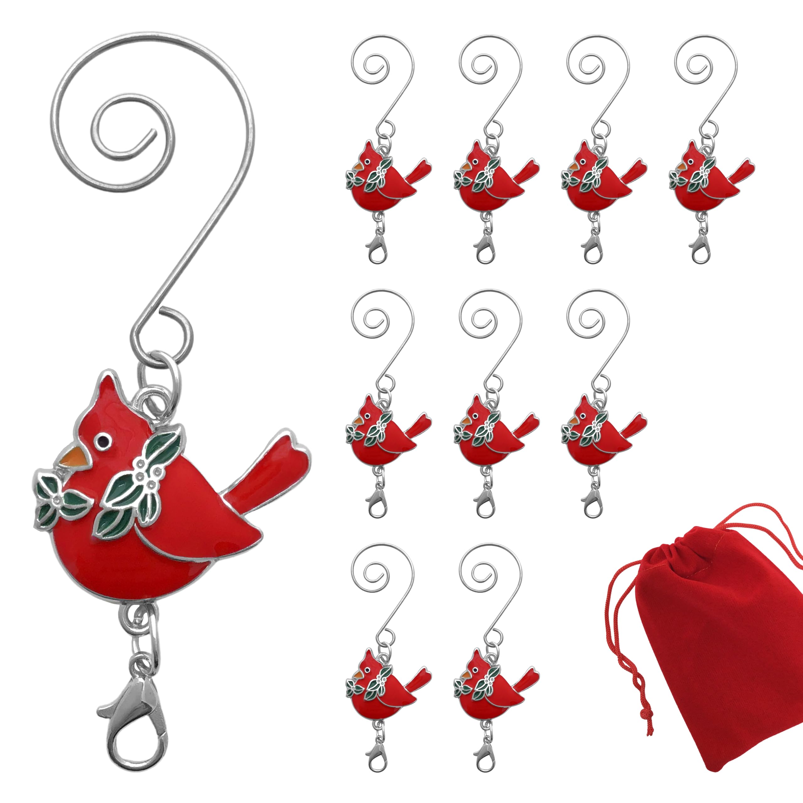 BANBERRY DESIGNS Juego de 10 ganchos de adorno de Navidad con gancho en S y garra de langosta – Accesorios de adorno de Navidad – Detalles de Navidad con temática cardenal – Abalorio esmaltado
