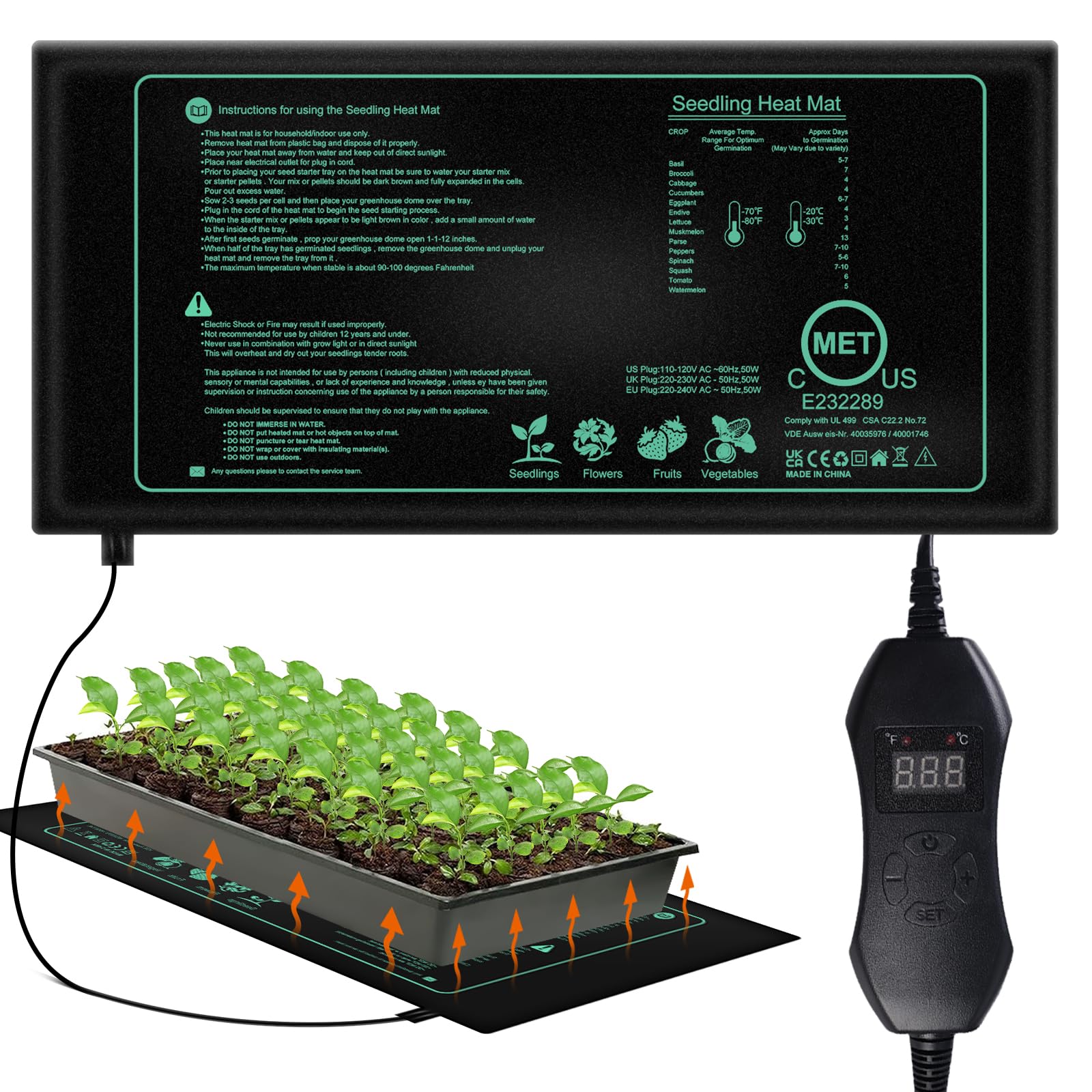 Tapis chauffant avec thermostat 50 W pour plantes et serres 52 x 25 cm