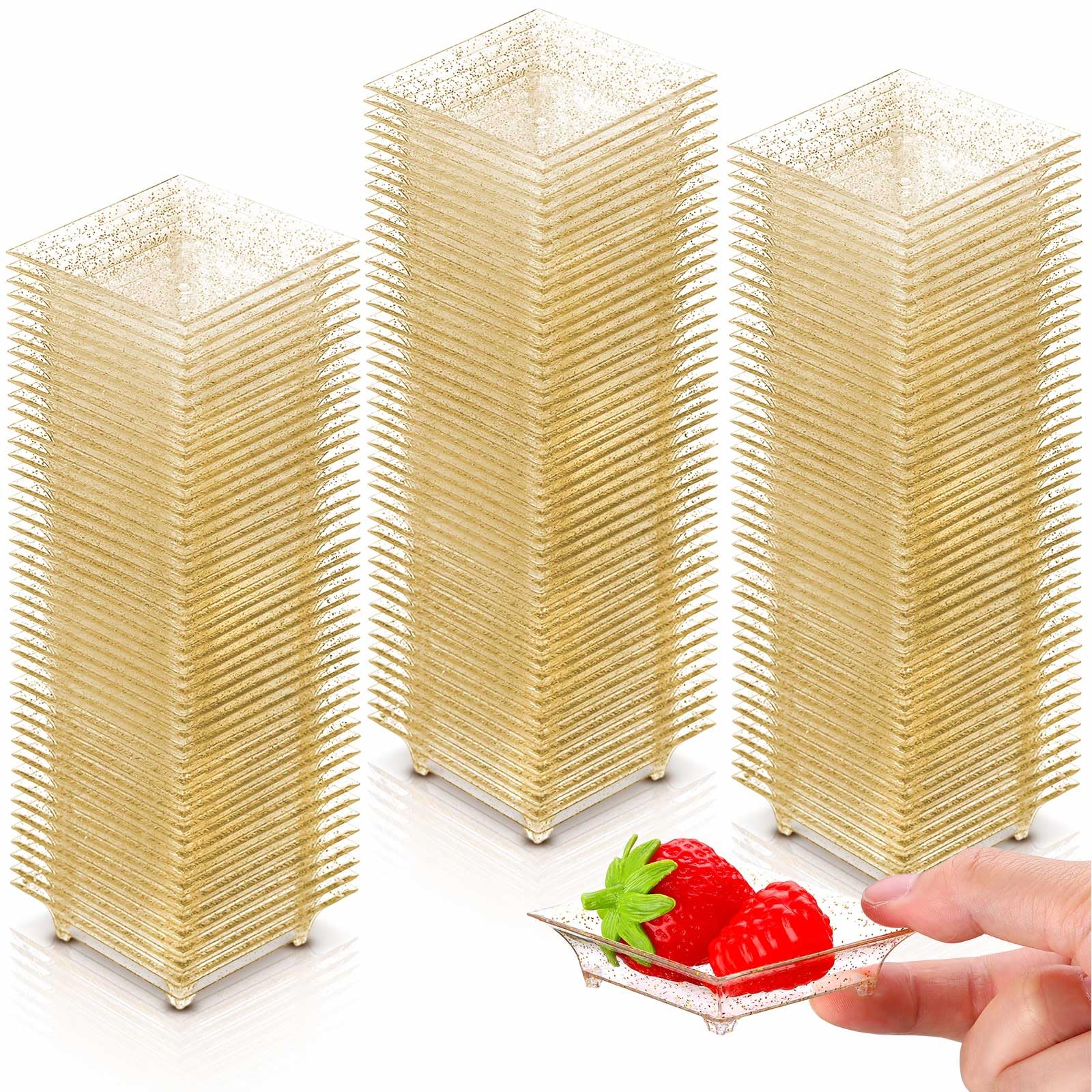 200 Pcs Small Square Gold Glitter Dessert Plates 2.3 Inch Mini Plastic Appetizer Plates Square Party Salad Tasting Sample Bowls for Weddings, Parties, Banquet Dinner, Family Gatherings