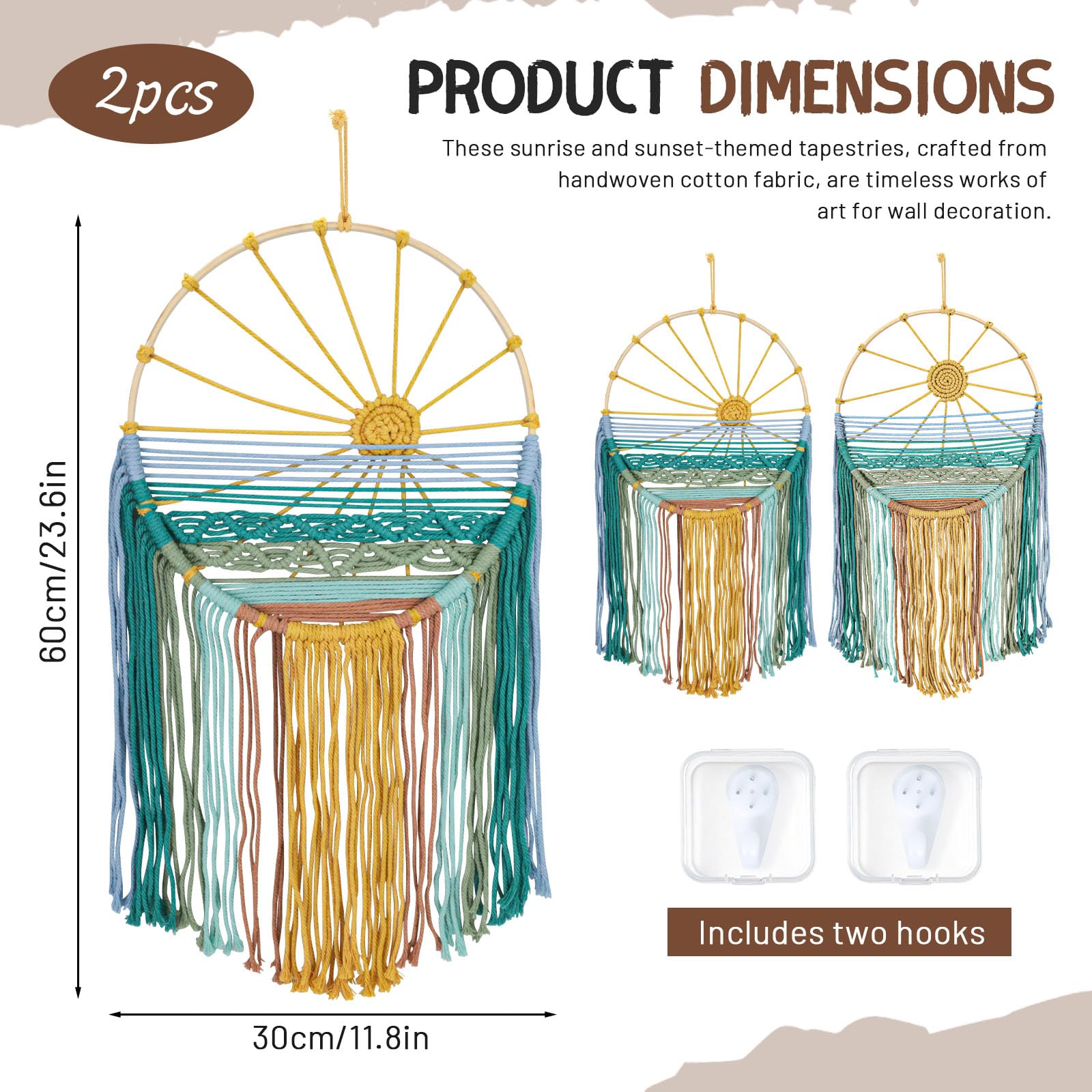 Lucxhcky Boho Makramee Wandbehang 2er Set - Sonnenaufgang & Sonnenuntergang Gewebter Wandteppich für Schlafzimmer, Wohnzimmer, Kinderzimmer, Böhmische Wanddekoration, ästhetische Wandkunst (Sonne)