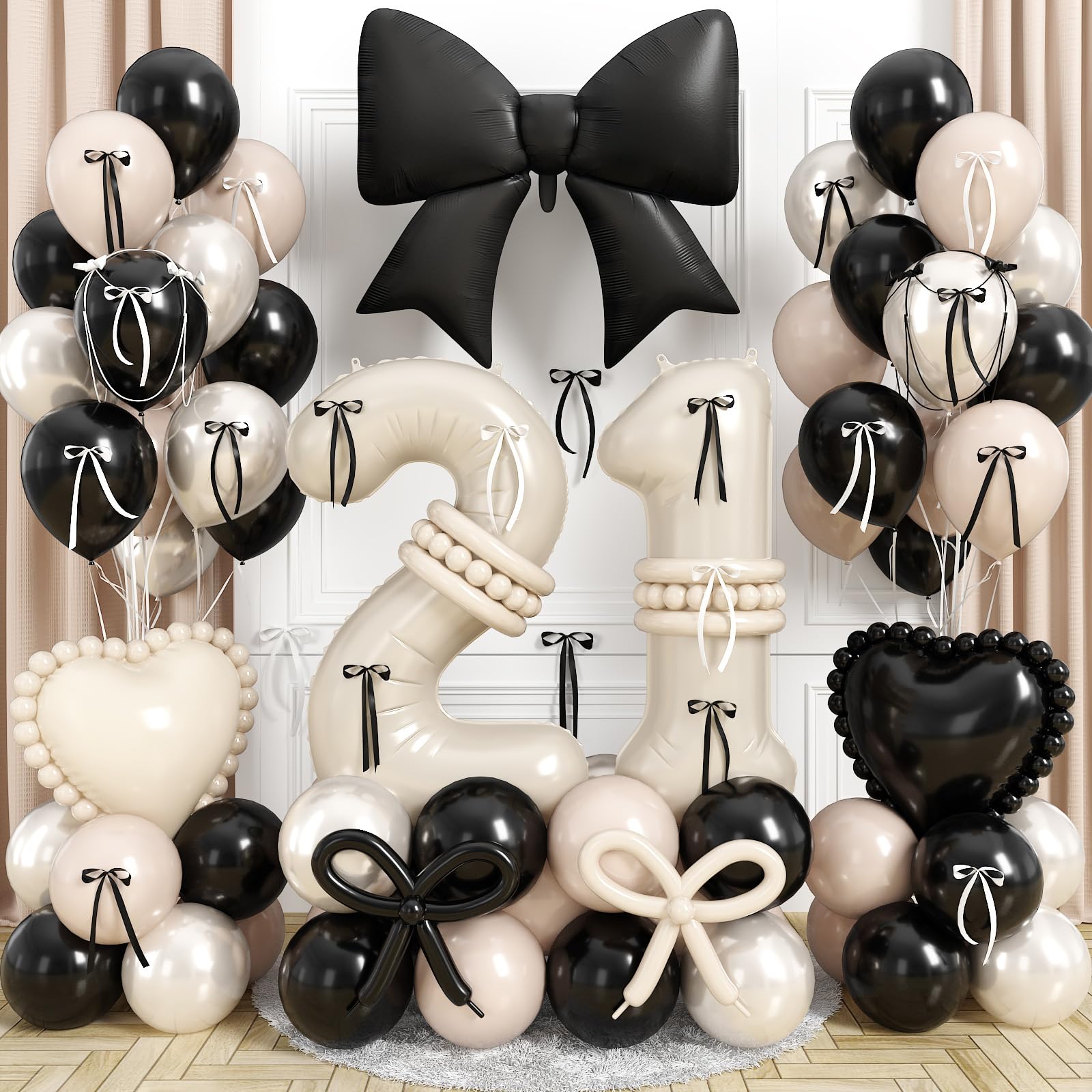 Cream 21 Number Balloon 40 Inch, 21st Birthday Decorations for Her, Double Stuff Pearl White Black Beige Latex Balloon Bow Heart Foil Balloon for Coquette 21st Birthday Anniversary Party Decoration
