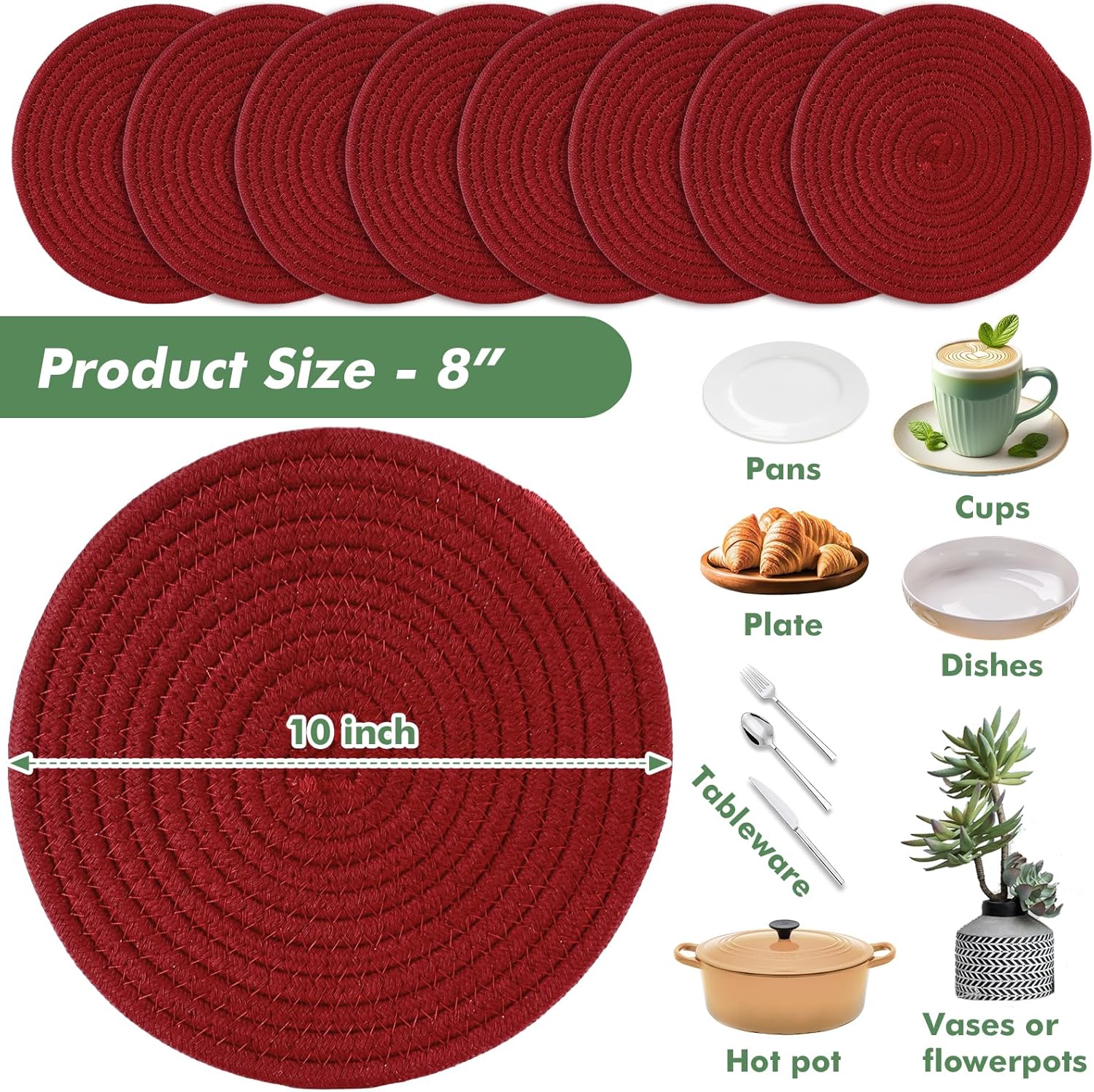10 Inch Cotton Rope Trivets for Hot Dishes Set of 8 Heat Resistant Mats for Countertop Potholders for Kitchens Trivets for Hot Pots and Pans and Quartz Countertops Farmhouse Kitchen Décor, Burgundy