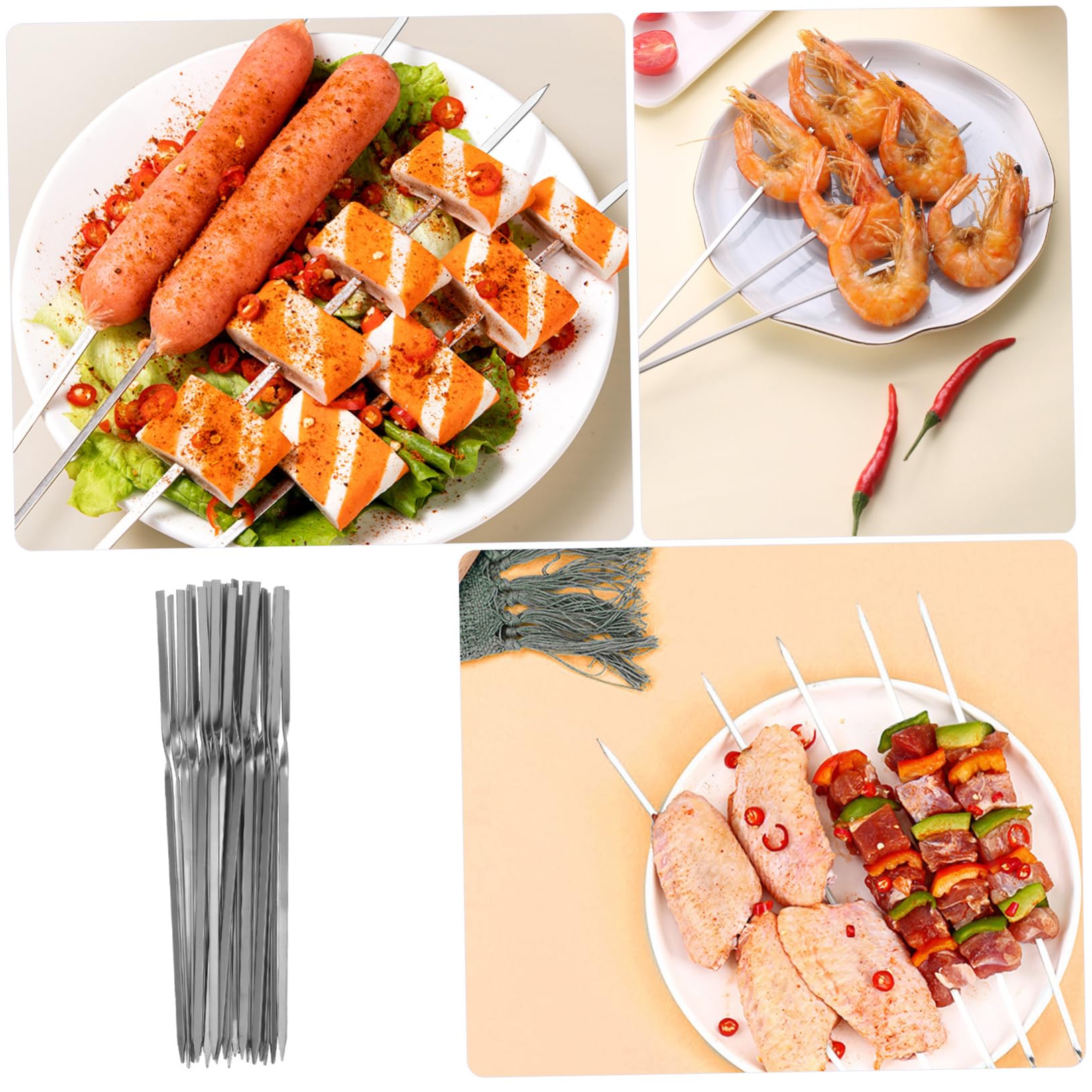1 juego Brochetas Inoxidable Reutilizables para Asar Carnes y Verduras