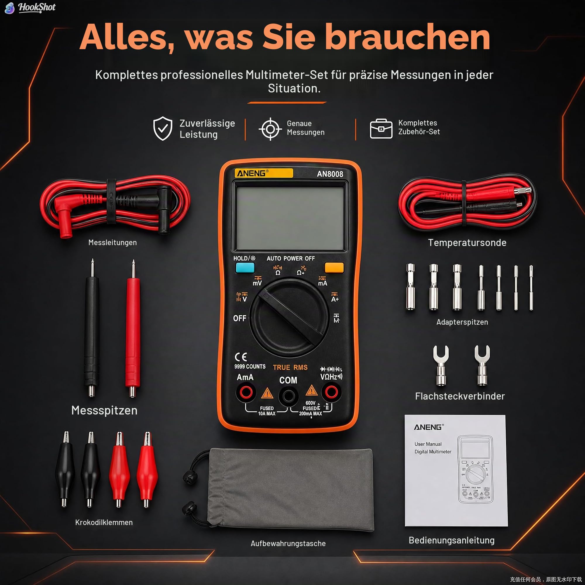 AN8008 Digital Multimeter mit 9999 Zählungen, Mit Großes LCD-Anzeige und faltbar Ständer, Strommessgerät Voltmeter, Misst genau Spannung Strom Widerstand Diode Durchgang