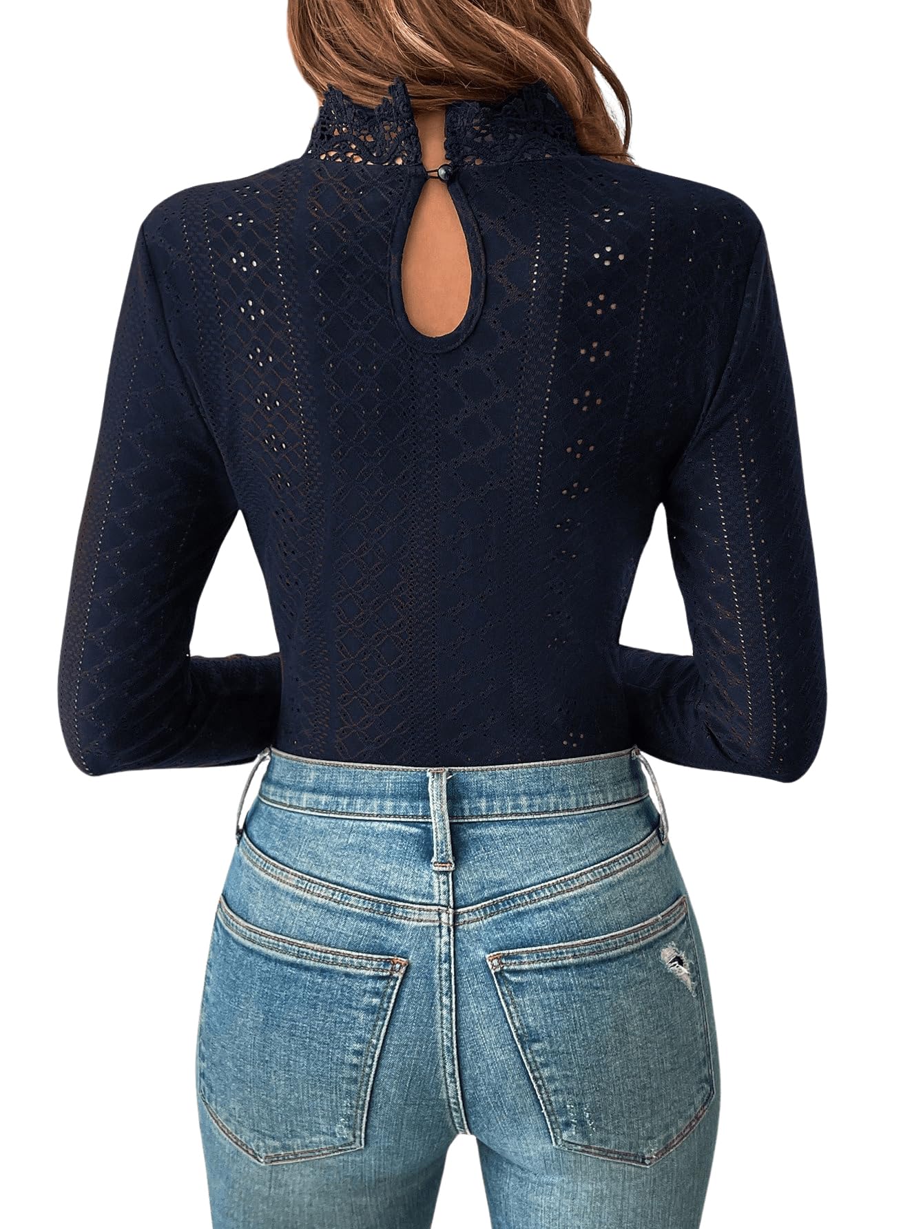GORGLITTER Body élégant pour femme - Col montant - Œillet brodé - Manches longues - Avec empiècement en dentelle
