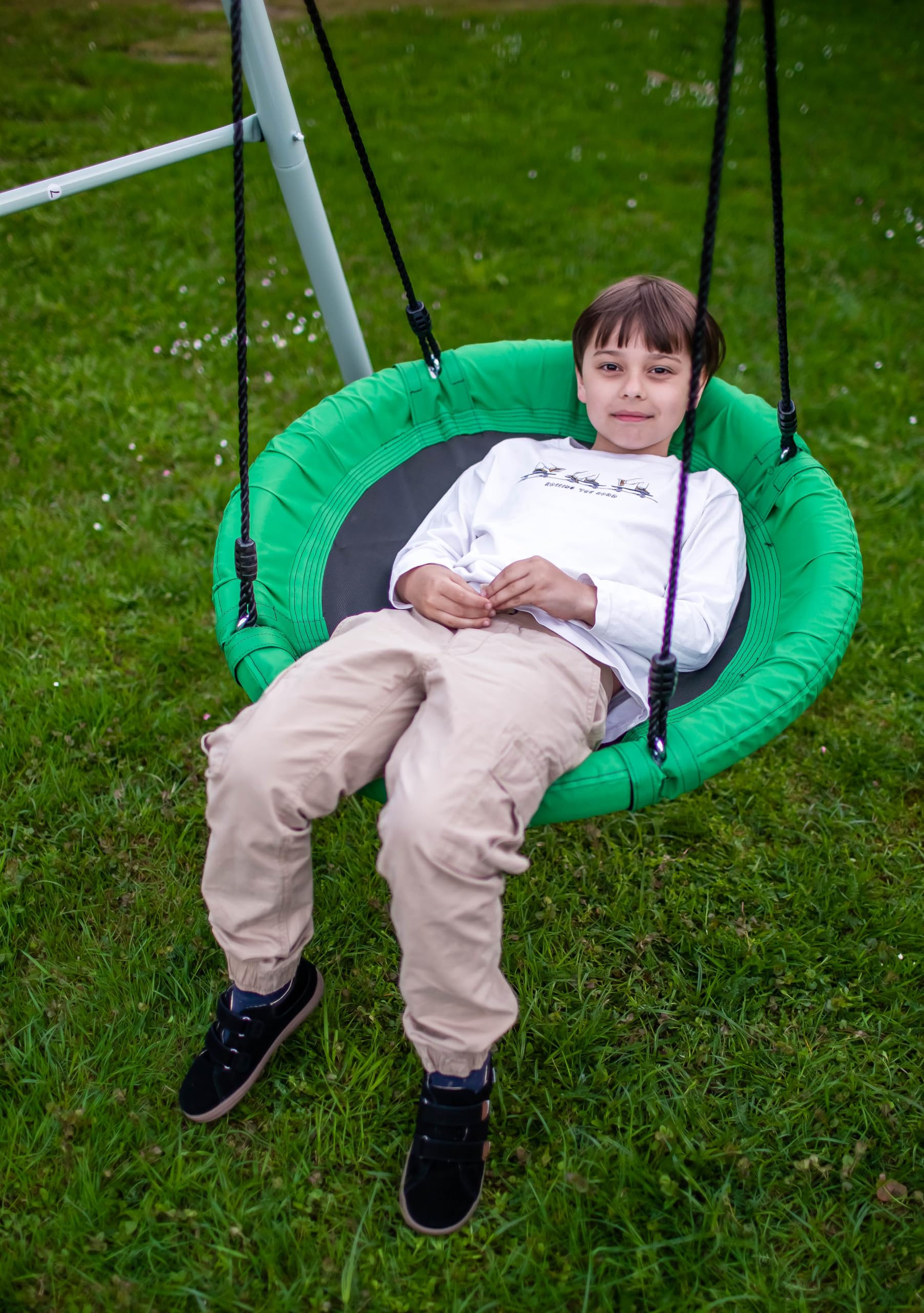 HyperMotion Columpio Infantil Doble para Jardín Exterior - Asiento y Nido de Cigüeña Ajustable con Estructura en A - para 2-3 Niños, Carga 200kg, Resistente UV