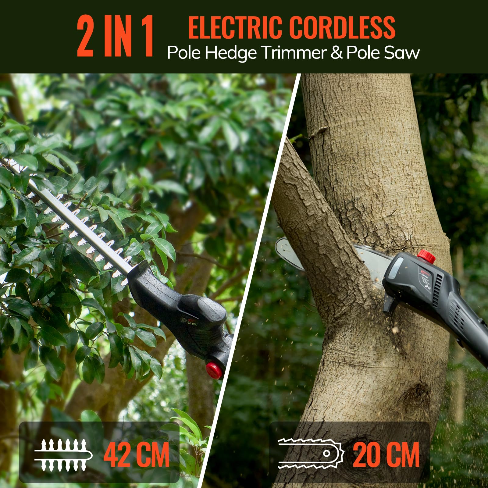 Keenstone Cortasetos y Sierra Pértiga Eléctrica 2 en 1, Barra Sierra 20 cm, Cortasetos 42 cm con Cuchillas Doble Acción, Batería 4,0 Ah y Cargador, para Poda de Árboles y Arbustos