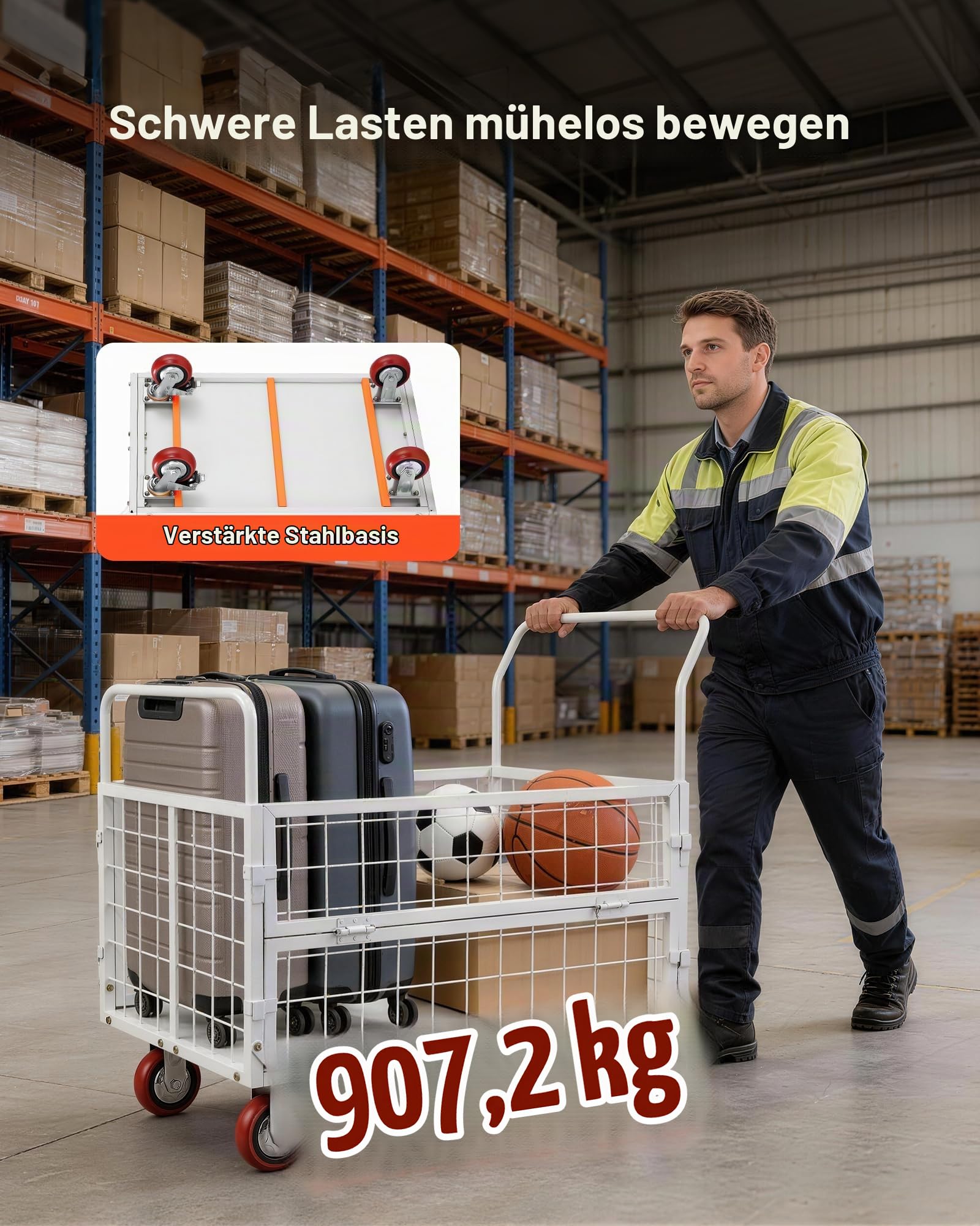 VEVOR Plattformwagen mit Gitterwänden 907 kg, 6-in-1 Faltbarer Transportwagen mit Schwenkrädern, Schwerlast-Handwagen, Multifunktionaler Materialwagen, für Lebensmittel, Wäsche, 1130x675x1070 mm