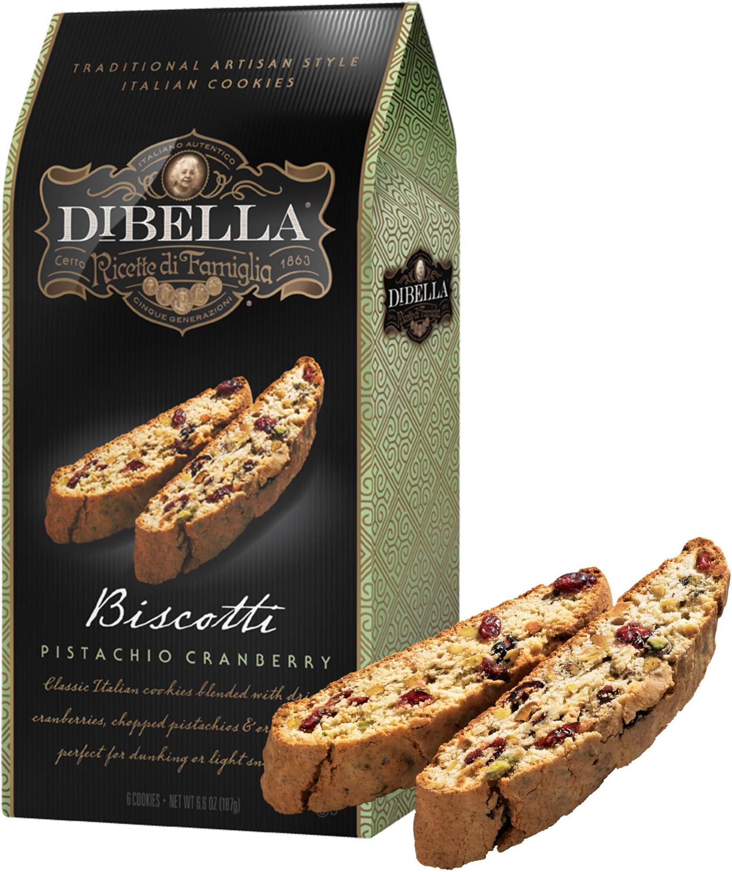 Dibella Biscotti Cookies – Authentic Italian Biscotti, Pistachio Cranberry, 6-Count – Gourmet Cantuccini Biscotti – Rich Flavor – Crunchy Outside with Silky Middle – Classic Italian Biscotti
