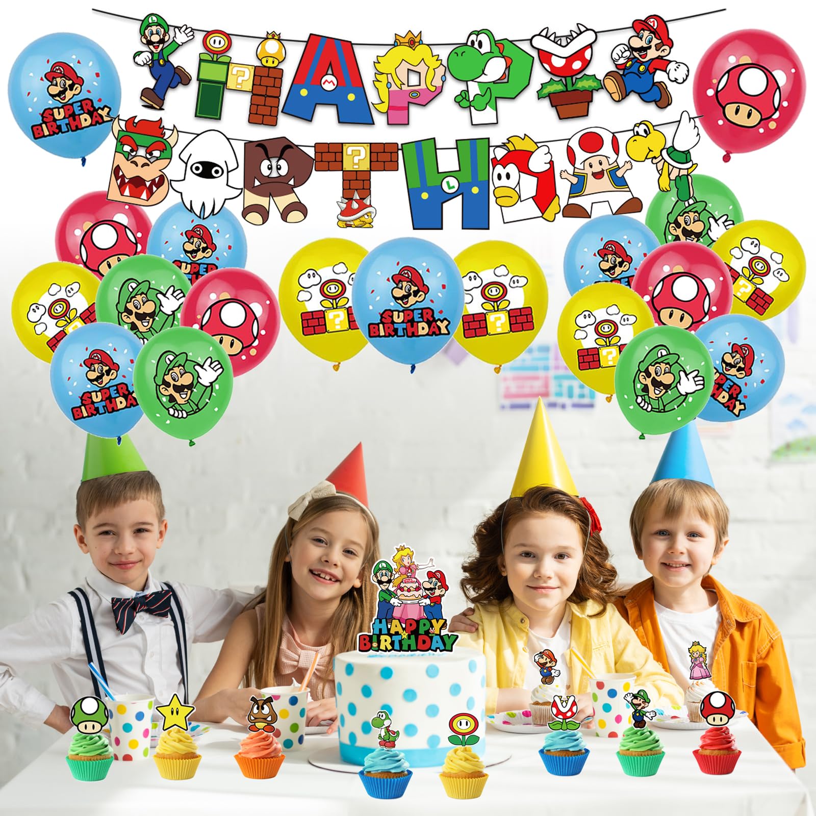Super Mario 'Happy Birthday' Banner – Partydekoration Mit Tortenaufsätzen
