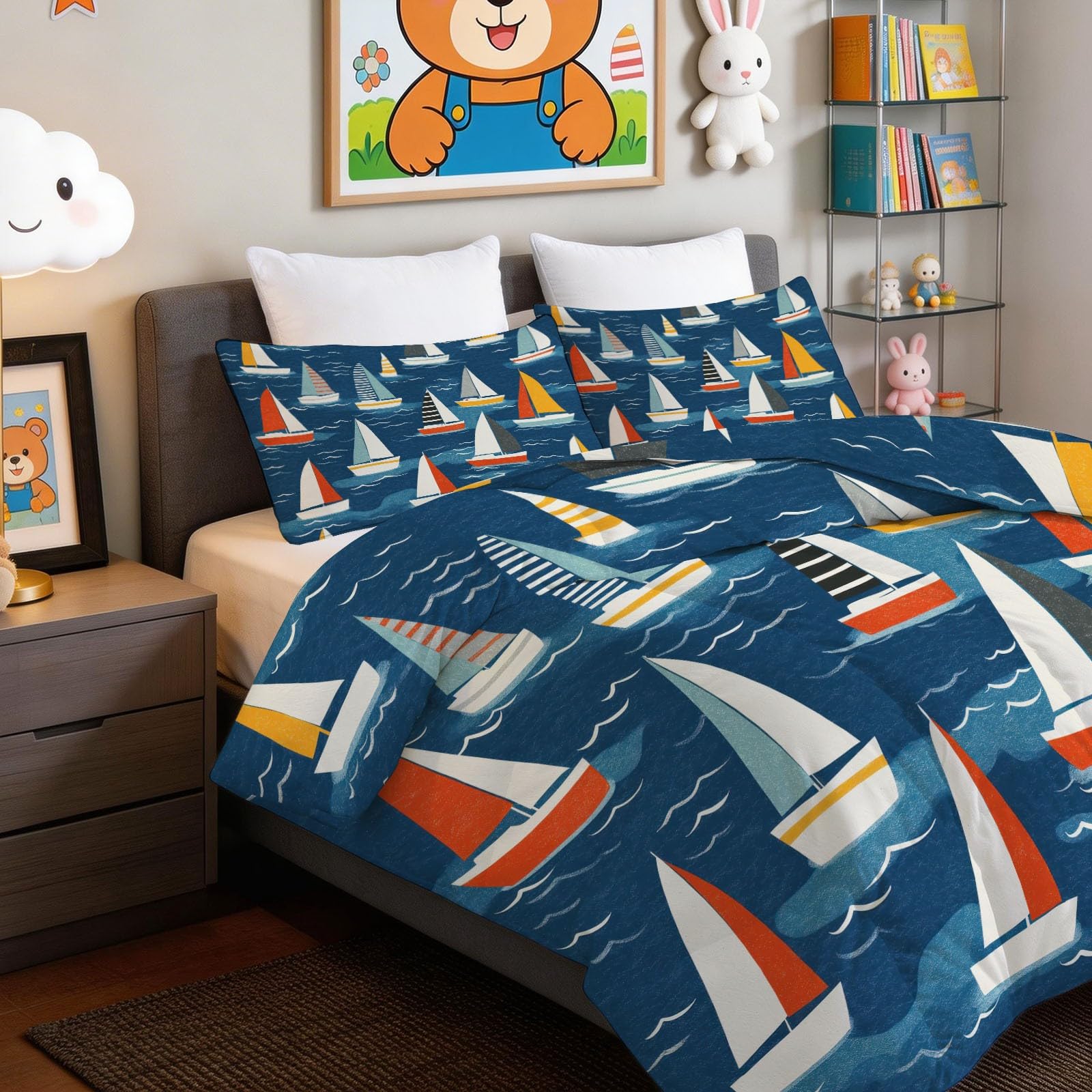 Generisch Kołdra 260 x 220 cm, na 4 pory roku, styl retro, żeglarski, dwustronna, dla alergików, lekka, miękka, pikowana, bez poszewki, żaglówka, fale – kołdra do spania z 2 poszewkami na poduszki
