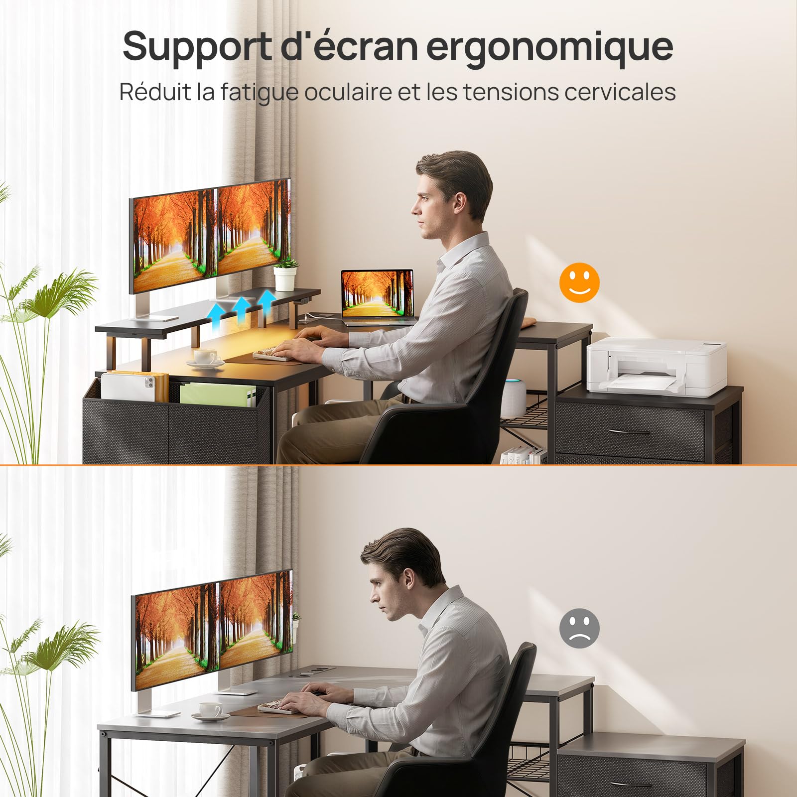 Seventable Bureau en L d'angle avec LED, Grand Bureau Gaming/Réversible avec 2 Prises, 2 Ports USB & 1 Type-C, 2 Tiroirs et Support d'Écran, Poste de Travail à Domicile 135 x 125 cm (Noir)