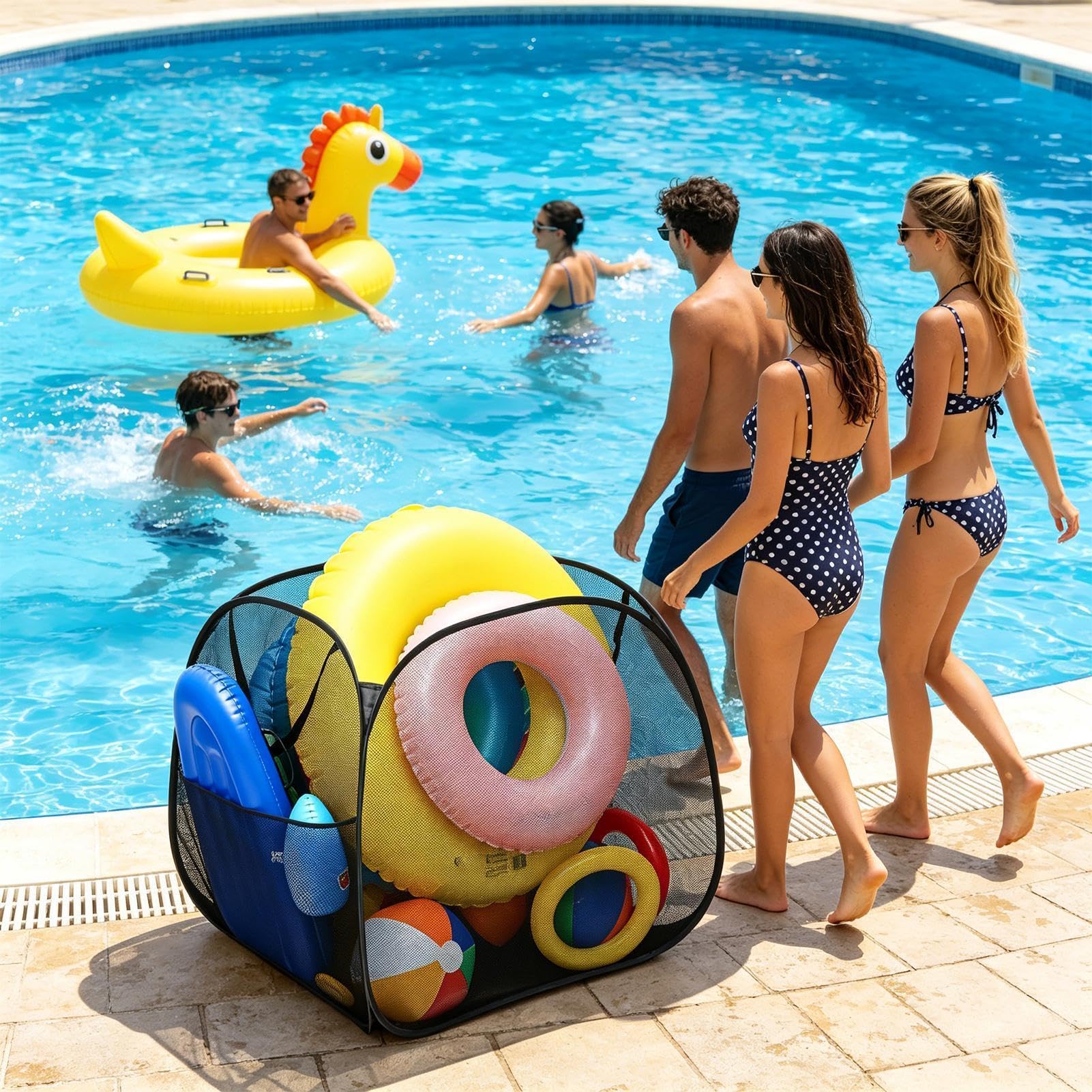 Boîte de rangement pour de piscine - Treillis en polyester - Cadre en acier - 90 x 90 x 80 cm - Organiseur de d'extérieur avec grande capacité et panier de rangement avec poignées
