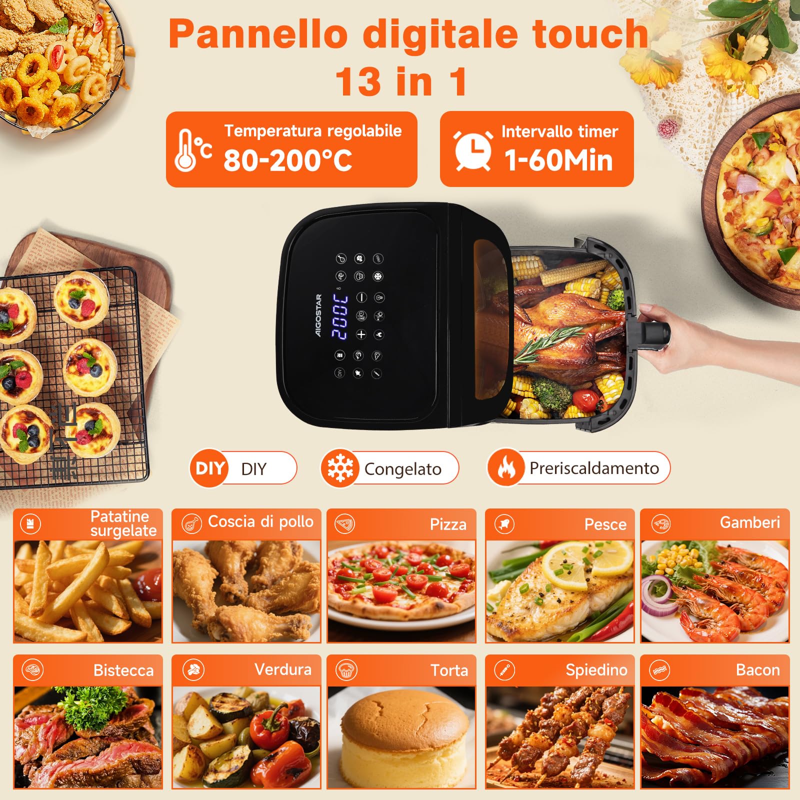 Aigostar Friggitrice ad Aria XXL 8,8 Litri, Air Fryer Doppia Resistenza, Risparmio Energetico 55%, 13 Programmi, Interno Acciaio Inox, Touchscreen & Finestra, Comunità Ricette, 2200W, Nero