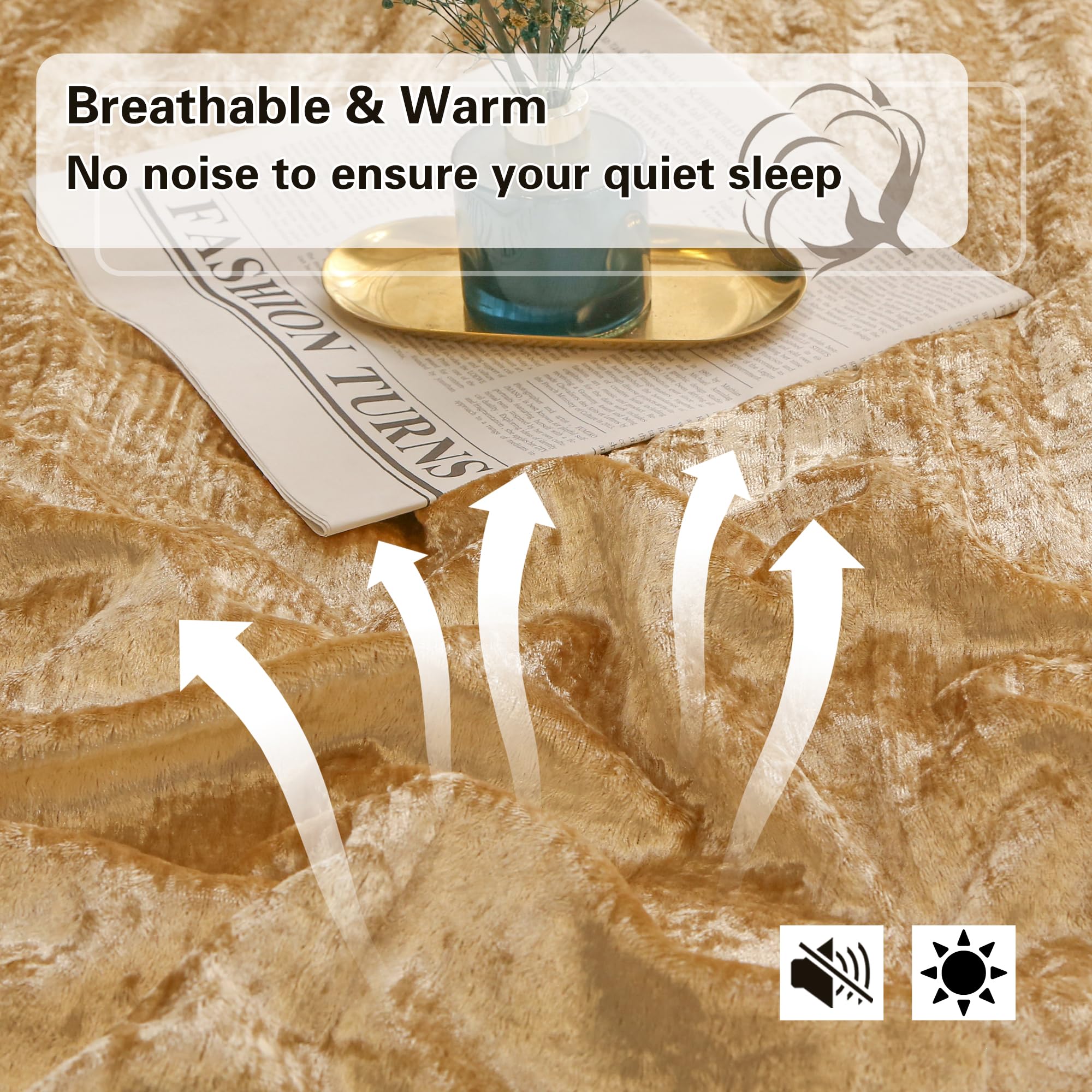 YOZEN King Size Korean Velvet Comforter Set Gold Camel, 3 Pieces Crushed Crinkled Luxury Textured Bedding Comforter Sets, Lightweight Microfiber Down Alternative Bed Set