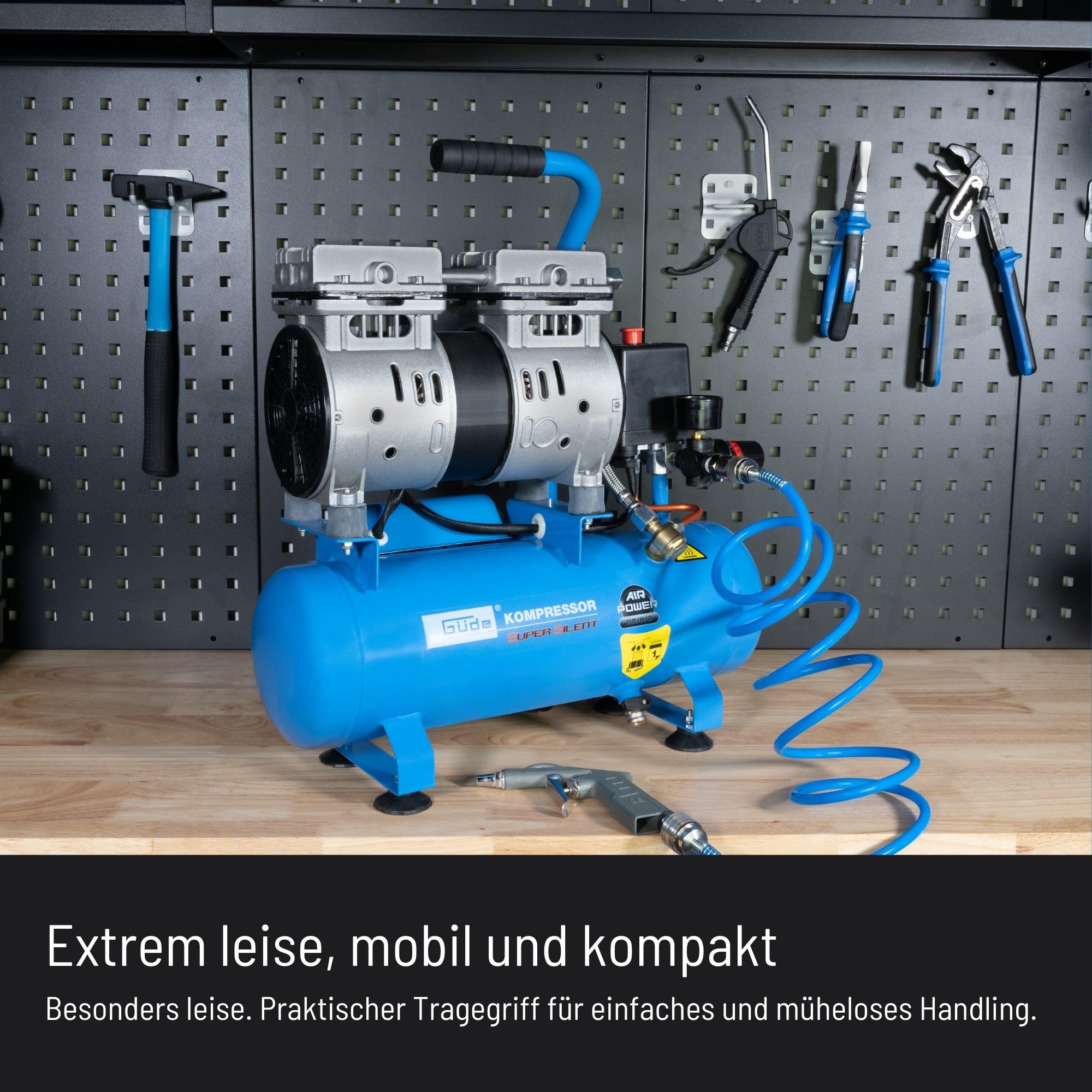 Güde Kompressor Airpower 105/8/6 SILENT (ölfrei, flüsterleise, nur 59 dB(A), max. 8 bar, 550 W, 6 l Kessel, Liefermenge 94 l/min, Druckminderer, Manometer, Sicherheitsventil & Wasserablassschraube)