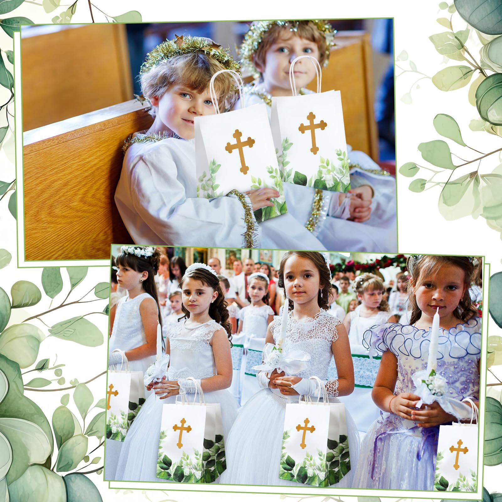 Dinifee 50 Pcs Baptism Gift Bag Christening Religious Party Bags Bulk First Communion Gifts for Boys Girls Christening Baby Shower