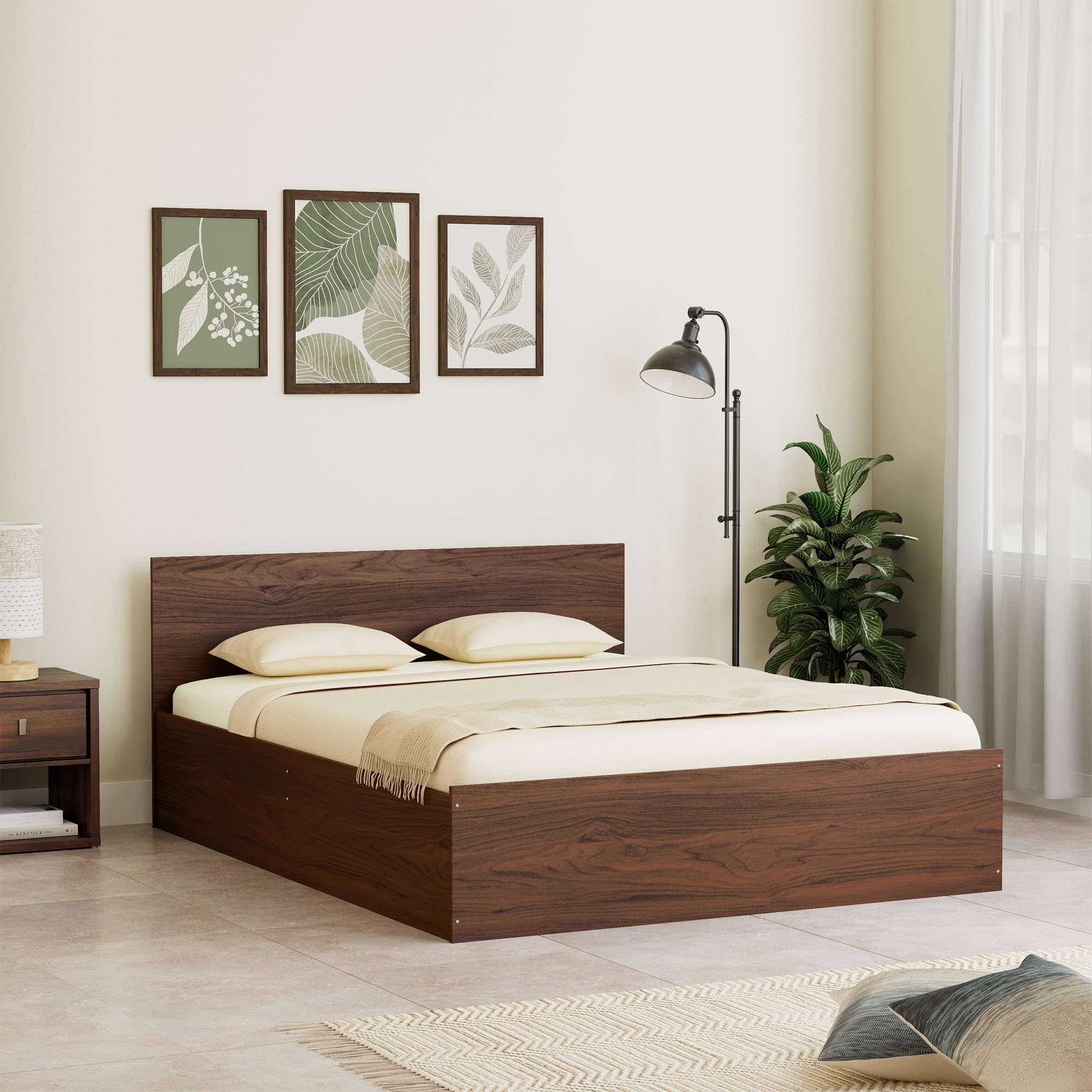 Amazon Brand - Solimo Altamore Engineered Wood Queen Bed with Storage, Non Woven Base (Walnut Finish)