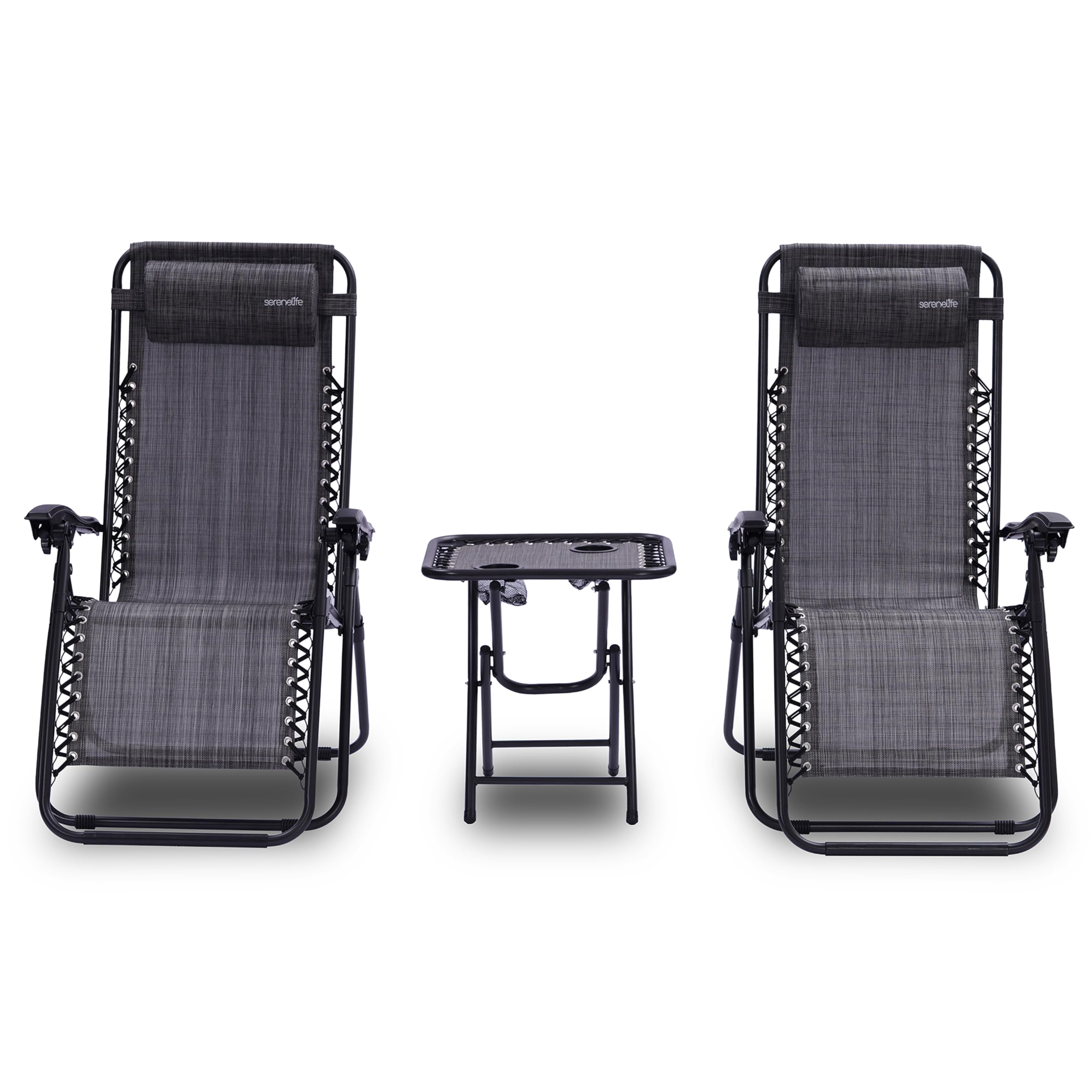 SereneLife sillas reclinables de Exterior, Set de 2, Tumbonas de Malla de Acero, con Almohada Desmontable, Portavasos, Plegables, Ajustables, Portatiles, Zero Gravity, Camping, Patio, Piscina o Playa