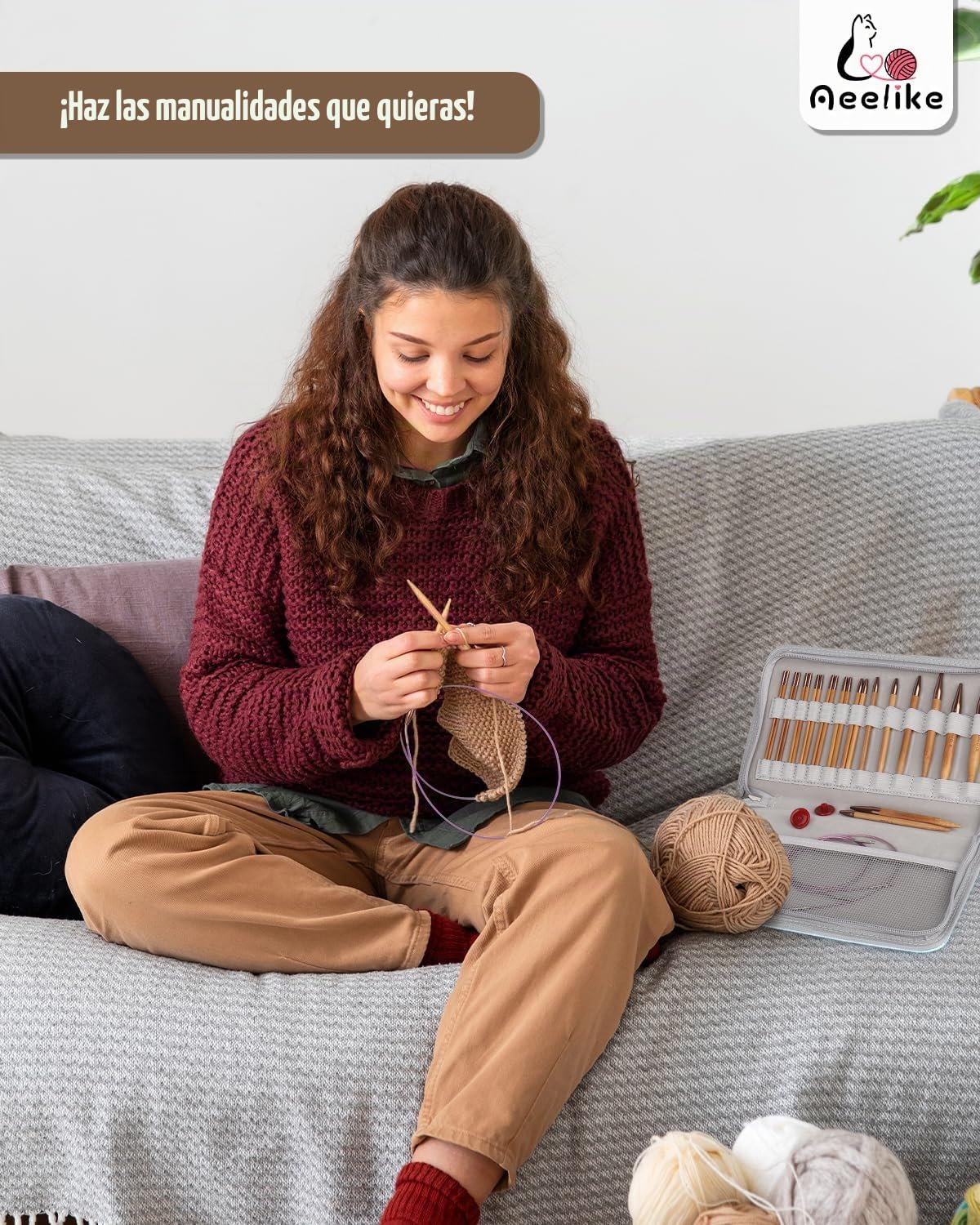 Aeelike Agujas de tejer circulares intercambiables, juego de 13 pares de agujas circulares de bambú redondas con estuche de accesorios, regalo ideal para principiantes y profesionales