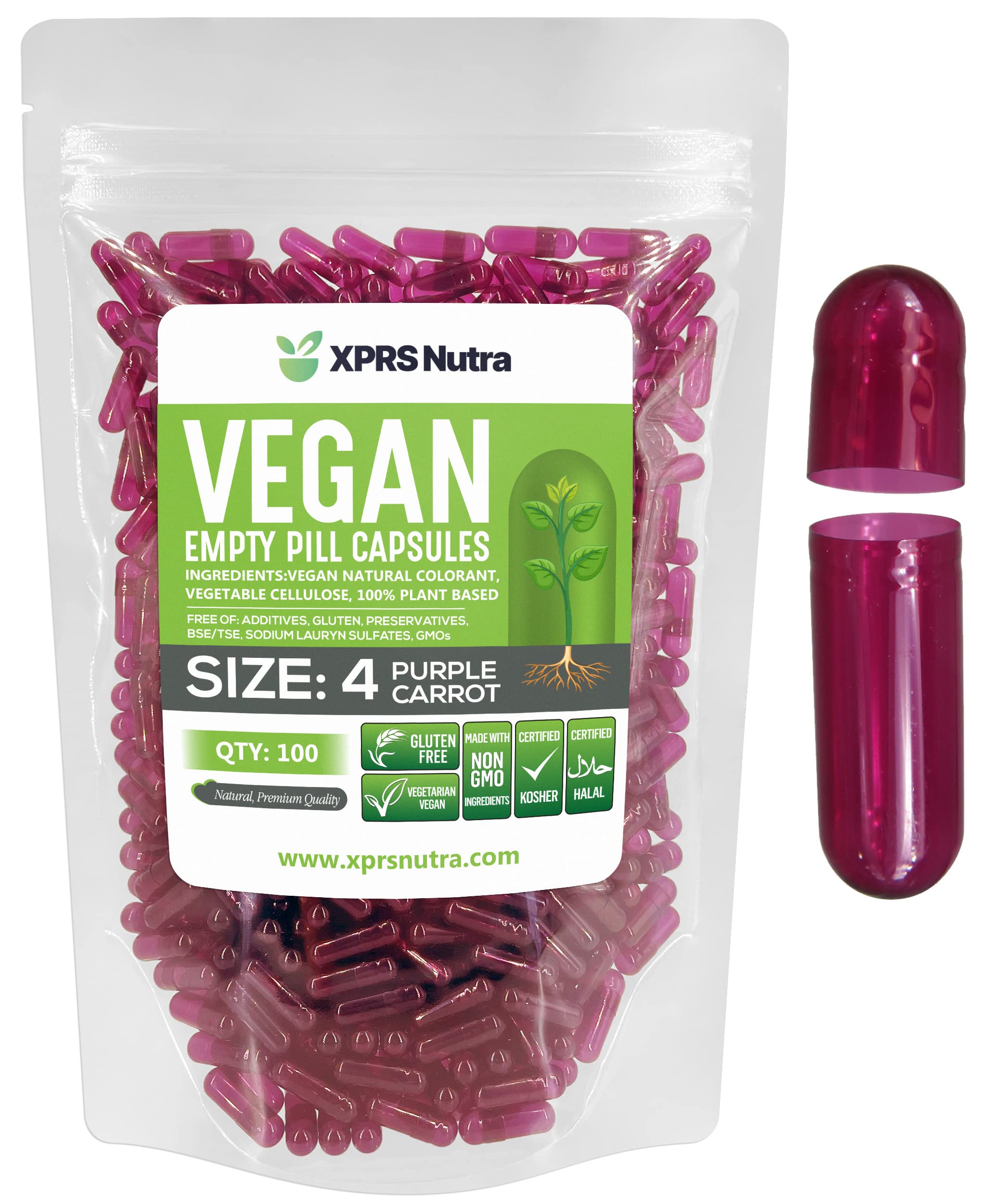 XPRS Nutra Size 4 Empty Capsules - 100 Count Small Empty Vegan Capsules - Vegetarian Pills - DIY Vegetable Capsule Filling - Fillable Do-It-Yourself Veggie Caps for Supplements (Purple Carrot) Purple Carrot 100 Count (Pack of 1)