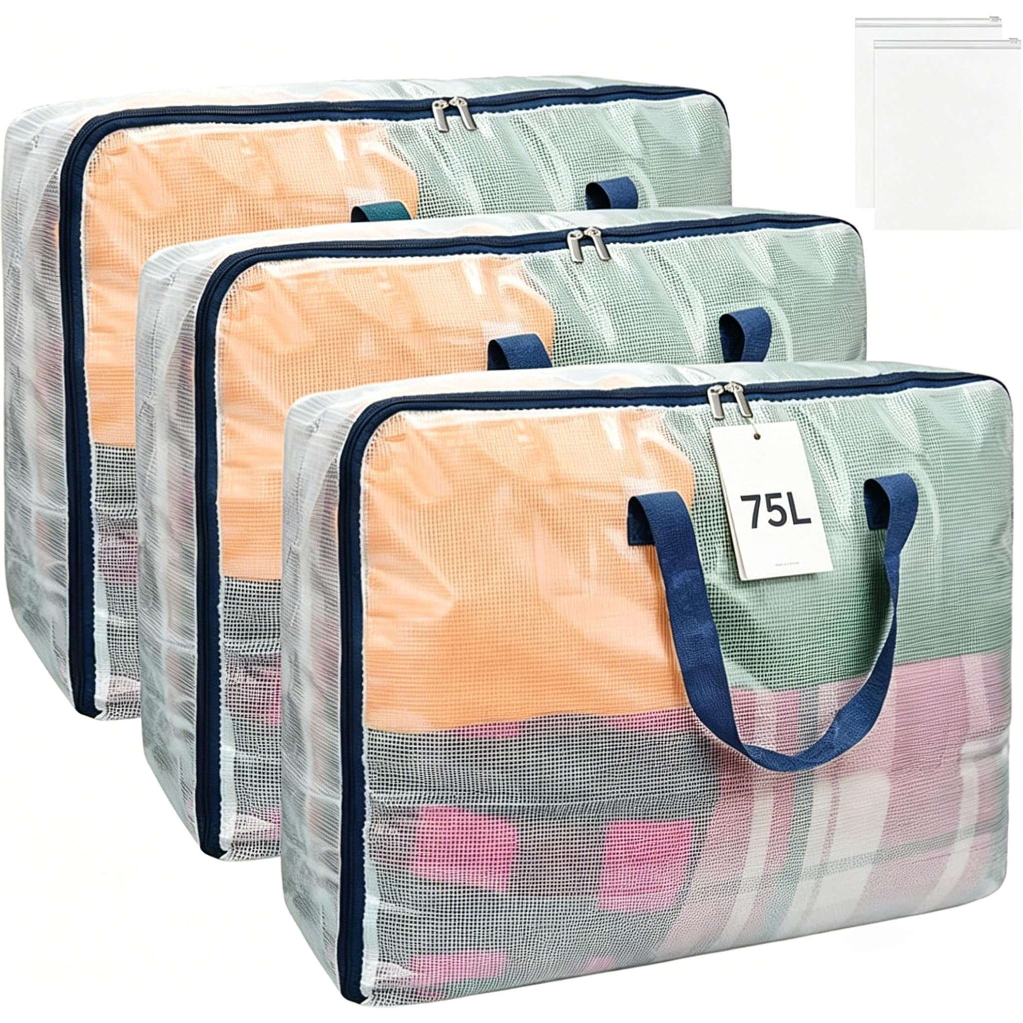 3 Pack Clear Storage Bags with Zipper, 75L Extra Large Capacity - Closet, Underbed Storage Organizer for Clothes, Bedding, Comforter, Toys, Pillow, Blanket - Waterproof Moving Bags with Handles