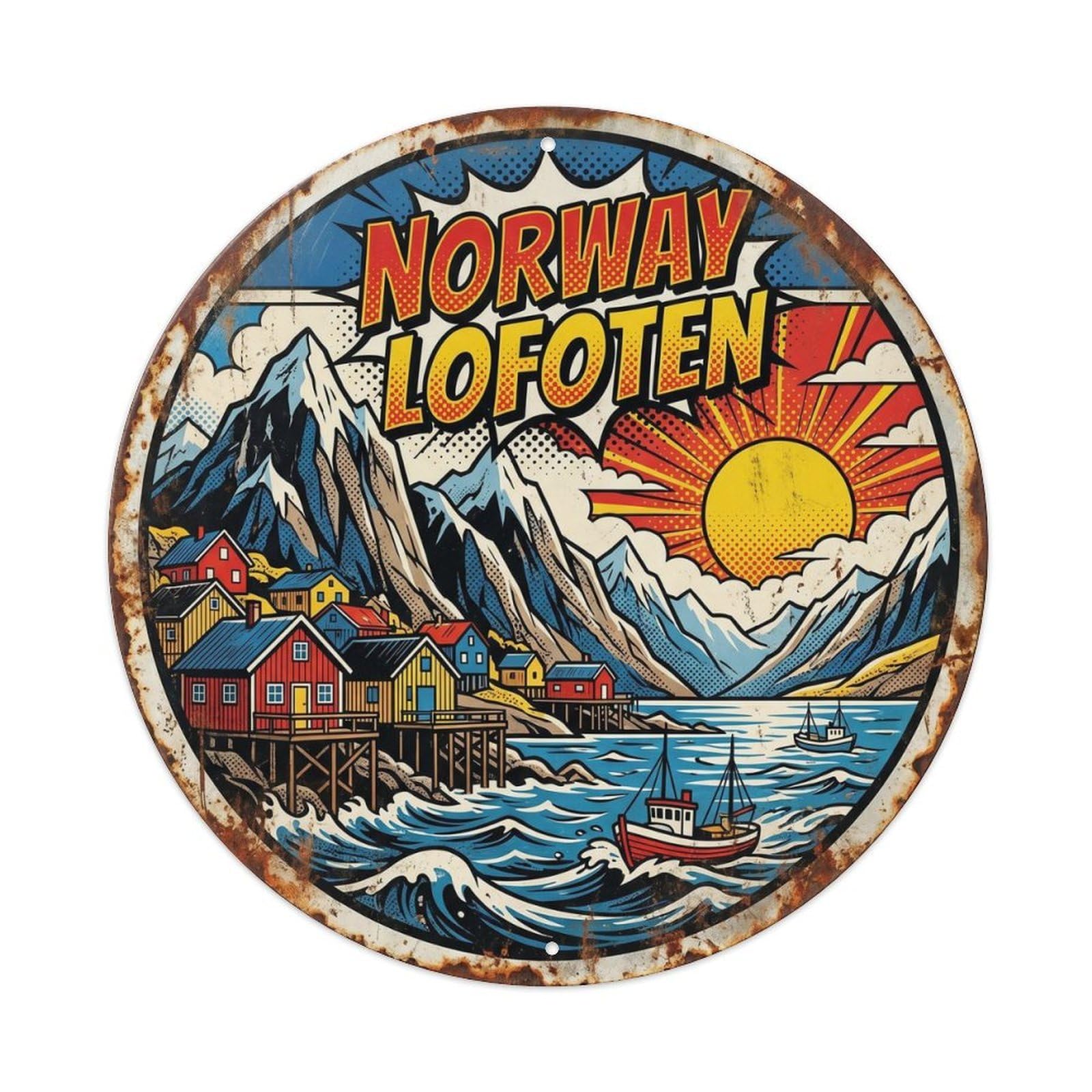 Lofoten Fishing Norwegian Comic Color Beach Destination Metal Tin Sign Plaque Wall Decor for Cafe, Man Cave, Club Bar, Office, Home Garden Round Metal Poster 8x8Inch