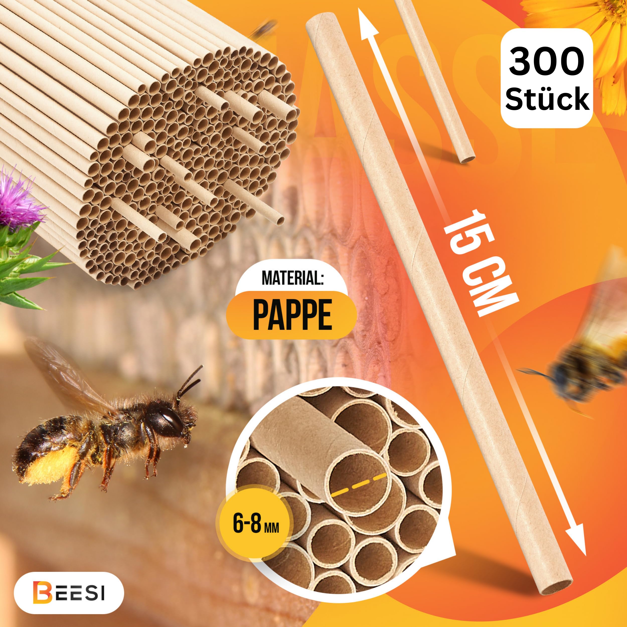 BEESI 300 casquillos de nido para hotel de insectos de 15 cm de largo, 6 y 8 mm de diámetro, mezclados, incluye libro electrónico de nido y tubos de cartón para abejas silvestres..