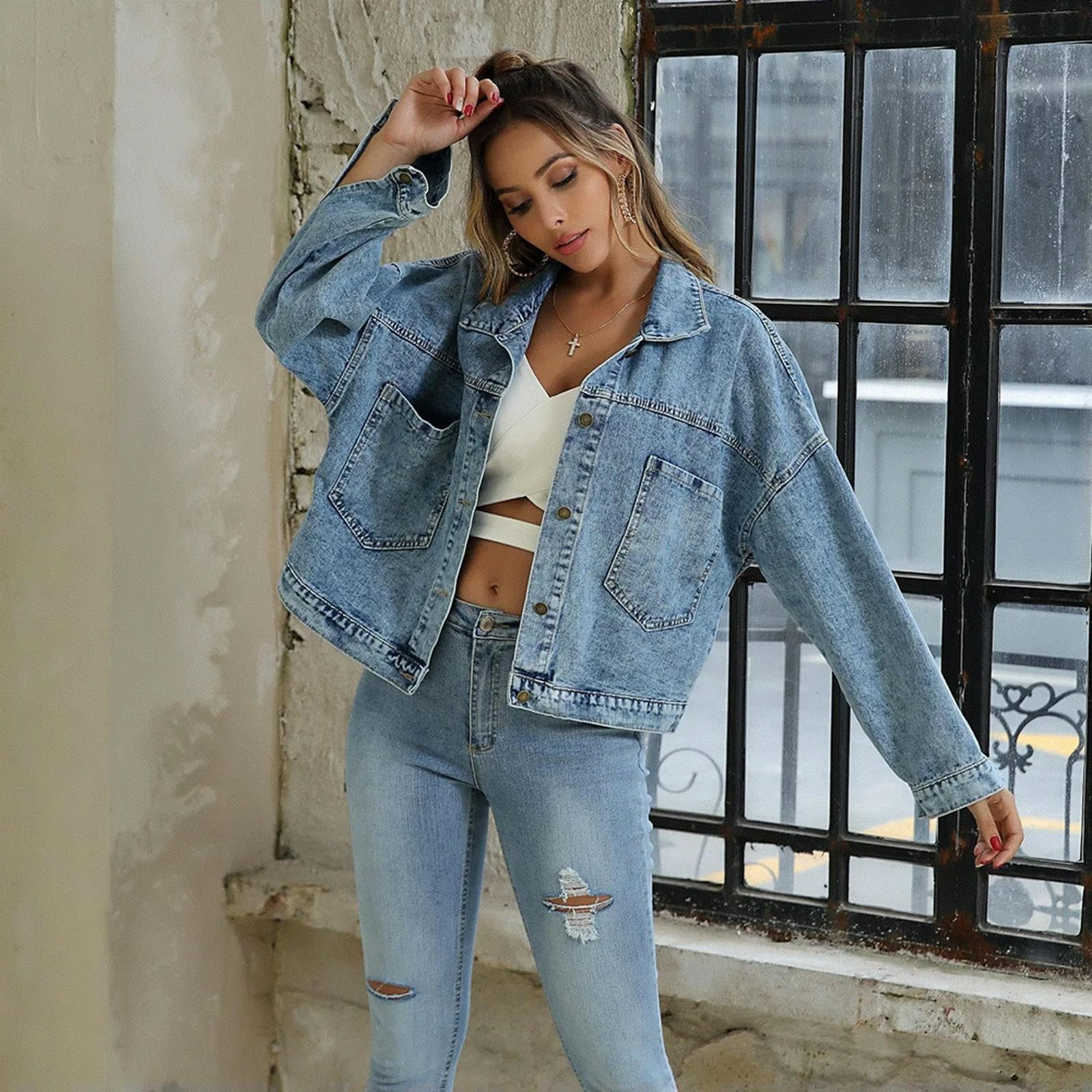 Giacca Uomo Giacca di Jeans Autunnale da Donna Casual Jeans Blu Giacche da Donna Sciolte A Maniche Lunghe Lavate