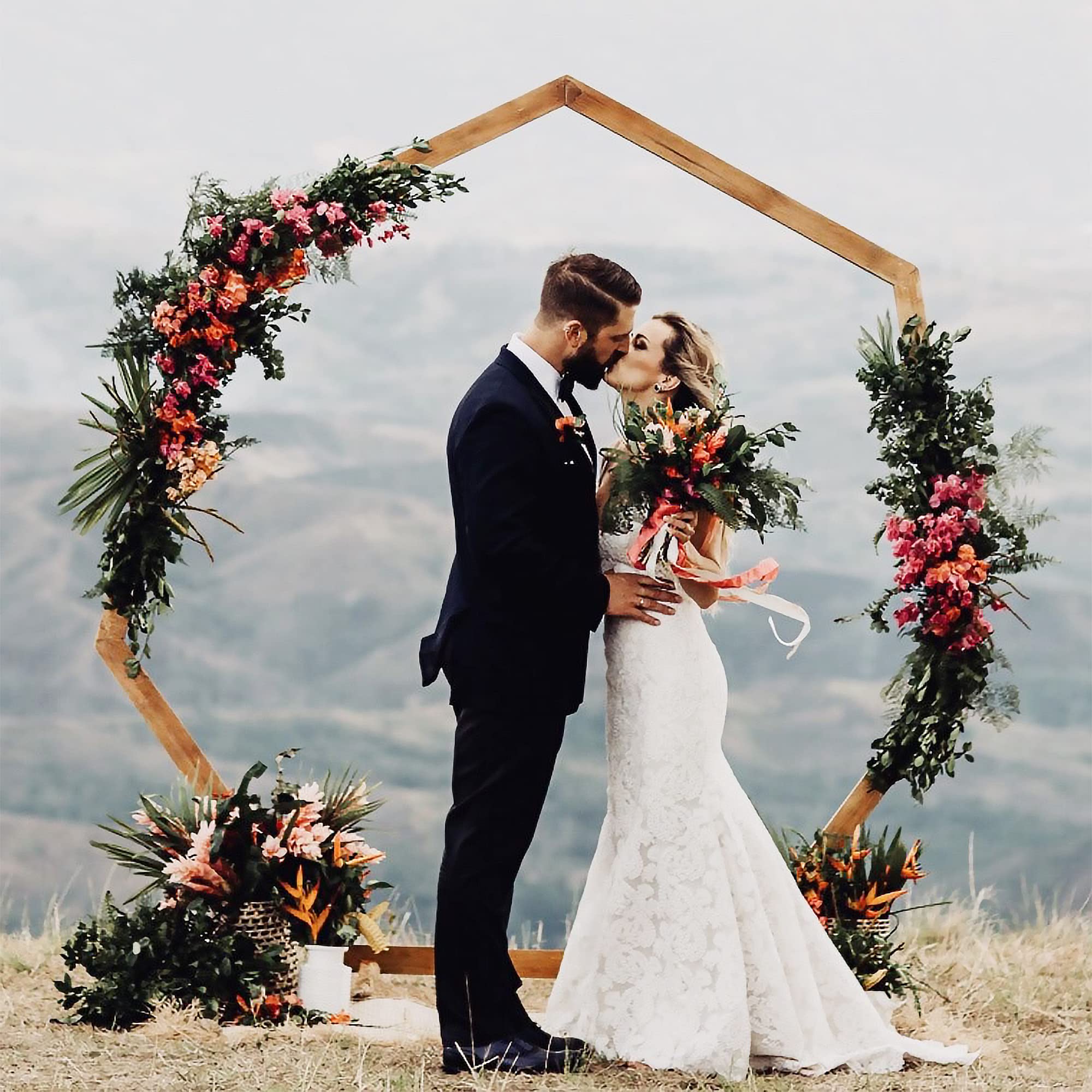 Prolee 7.7FT Wedding Arch Heptagonal Wood Arch for Wedding Ceremony Portable Wedding Arbor Backdrop Stand for Garden Wedding, Parties
