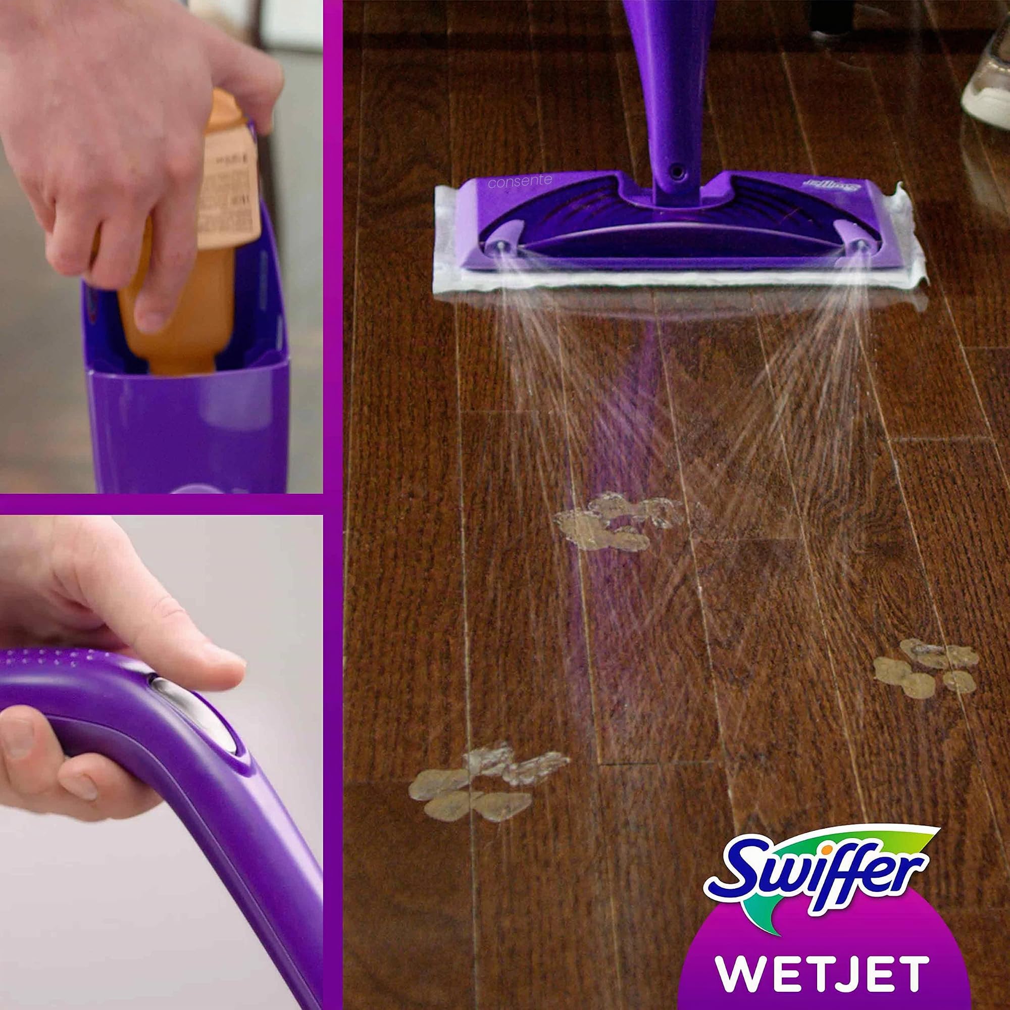 Swiffer WetJet Wood - Kit completo per scopa per legno, 5 salviette per legno, 1 detersivo liquido per legno, 4 batterie, soluzione progettata per pavimenti in legno finiti