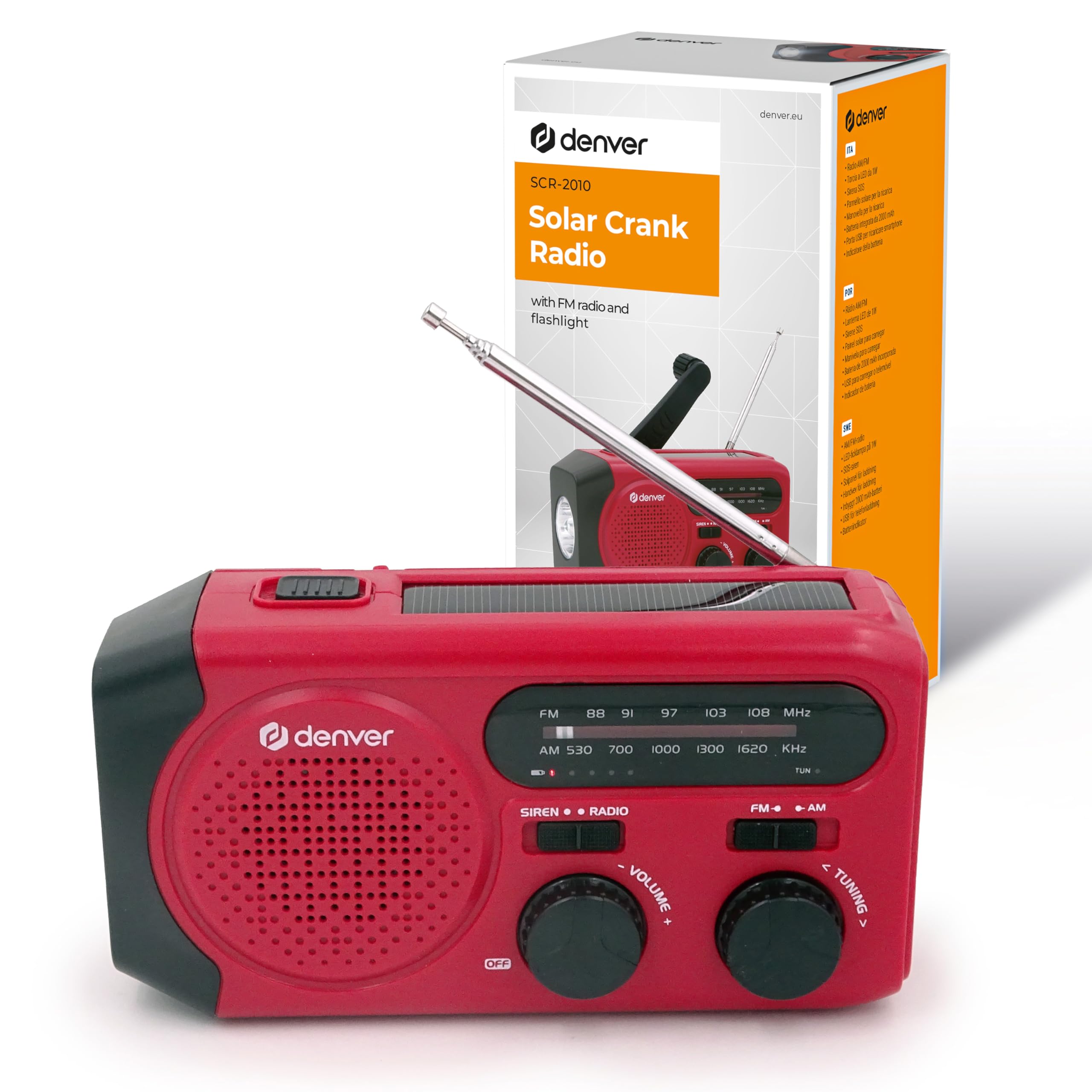 Denver SCR-2010MK2 Radio Solar de Emergencia con Manivela, Am/FM, Linterna LED 1W, Sirena SOS, Batería Recargable 2000 mAh, USB-C/USB-A, Funciona con Pilas AAA, para Apagones y Camping