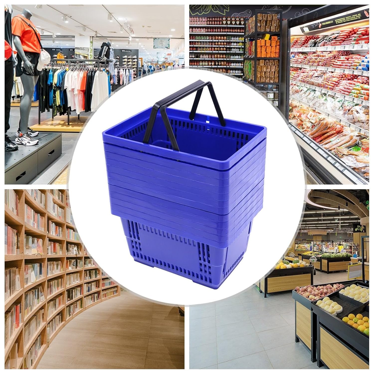 12PCS Shopping Baskets with Handles, 18L/4.7Gal Plastic Grocery Basket, 17"L x 12"W x 9"H Portable Hand Shopping Carts for Retail Store Supermarket Bookstore, Blue