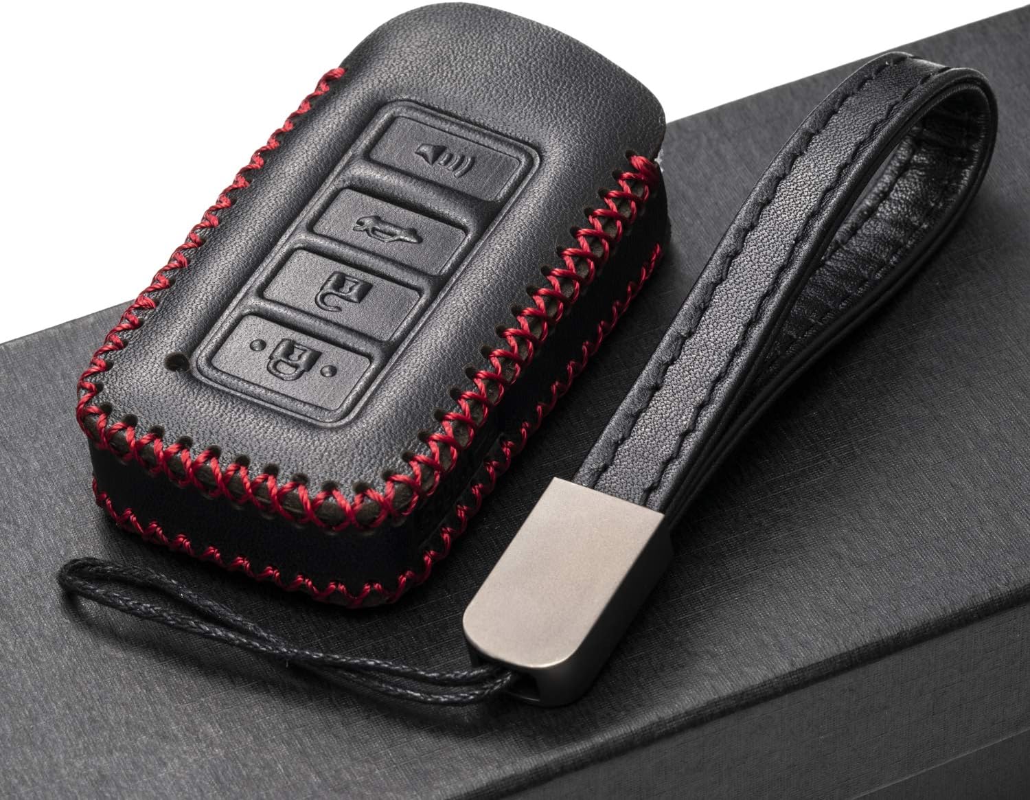 Vitodeco Genuine Leather Smart Key Fob Case Cover Protector Compatible for Lexus UX, NX, RX, GX, LX, is, ES, GS, LS (2014-2021) - 4-Button, Black/Red