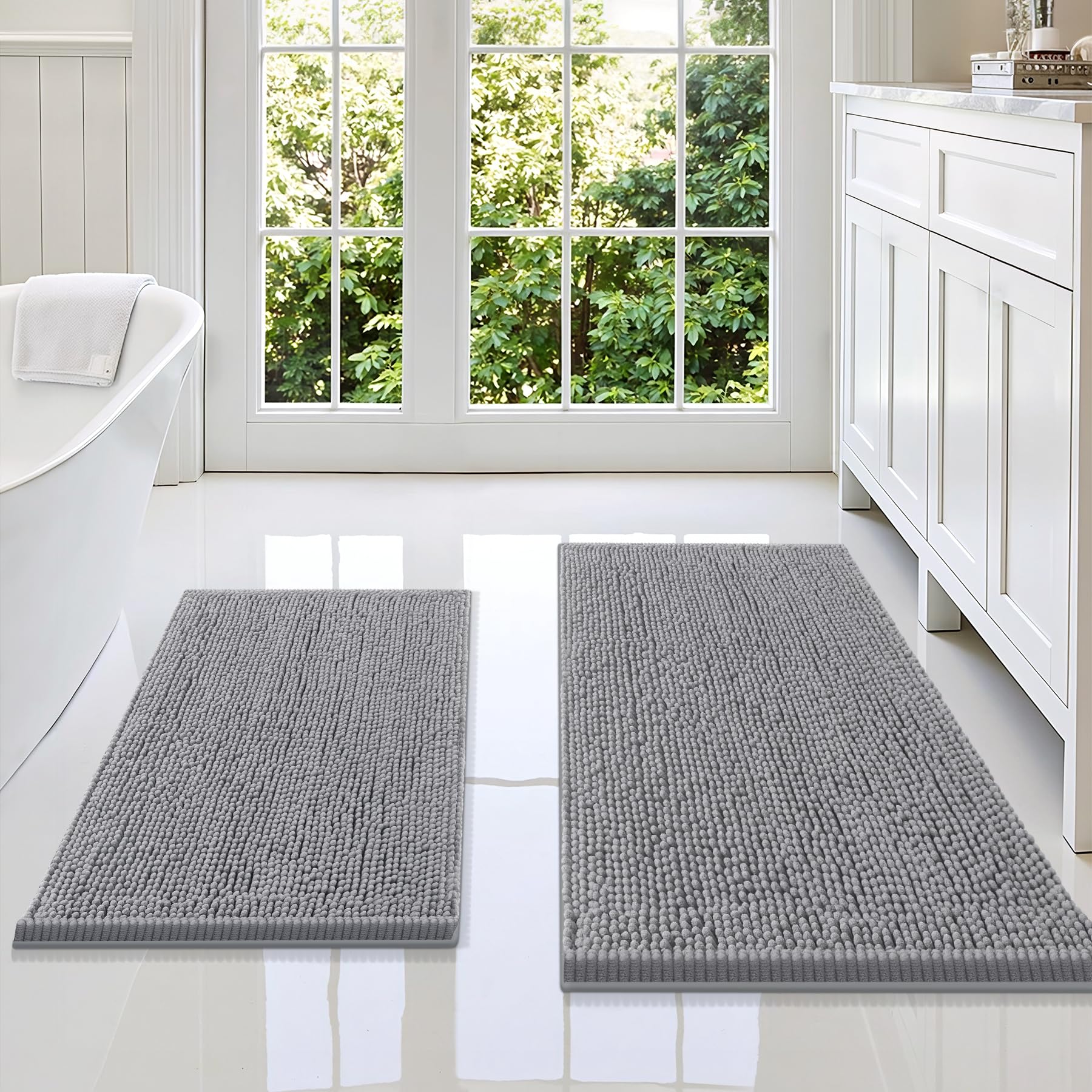 Smiry Chenille Bathroom Rugs Sets 2 Piece (36x24+30x20, Grey)
