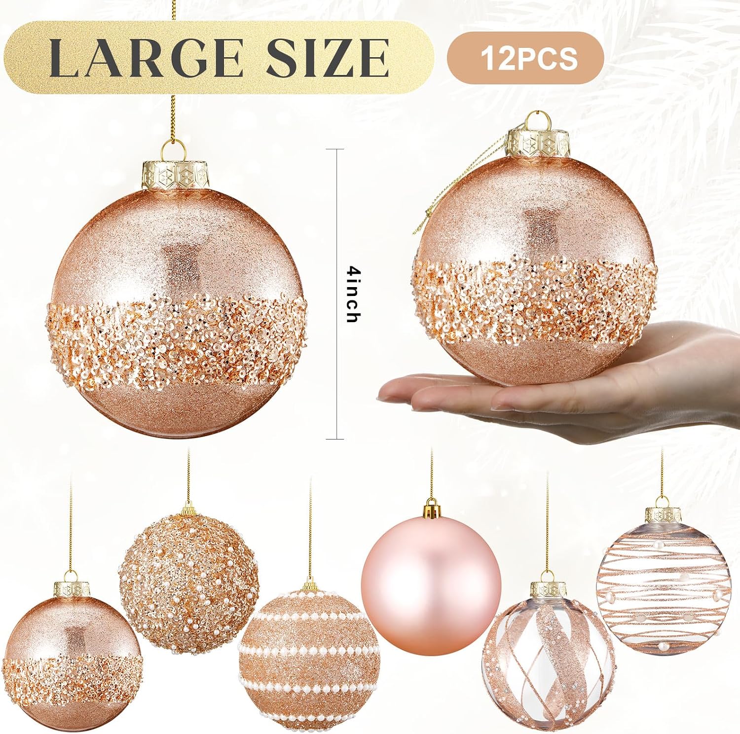 Lyrow 12 Pcs 4 inch Christmas Balls Ornaments Glitter Shatterproof Christmas Decorations Tree Balls Sparkly Holiday Ornaments Bulk for Xmas Trees(Rose Gold)