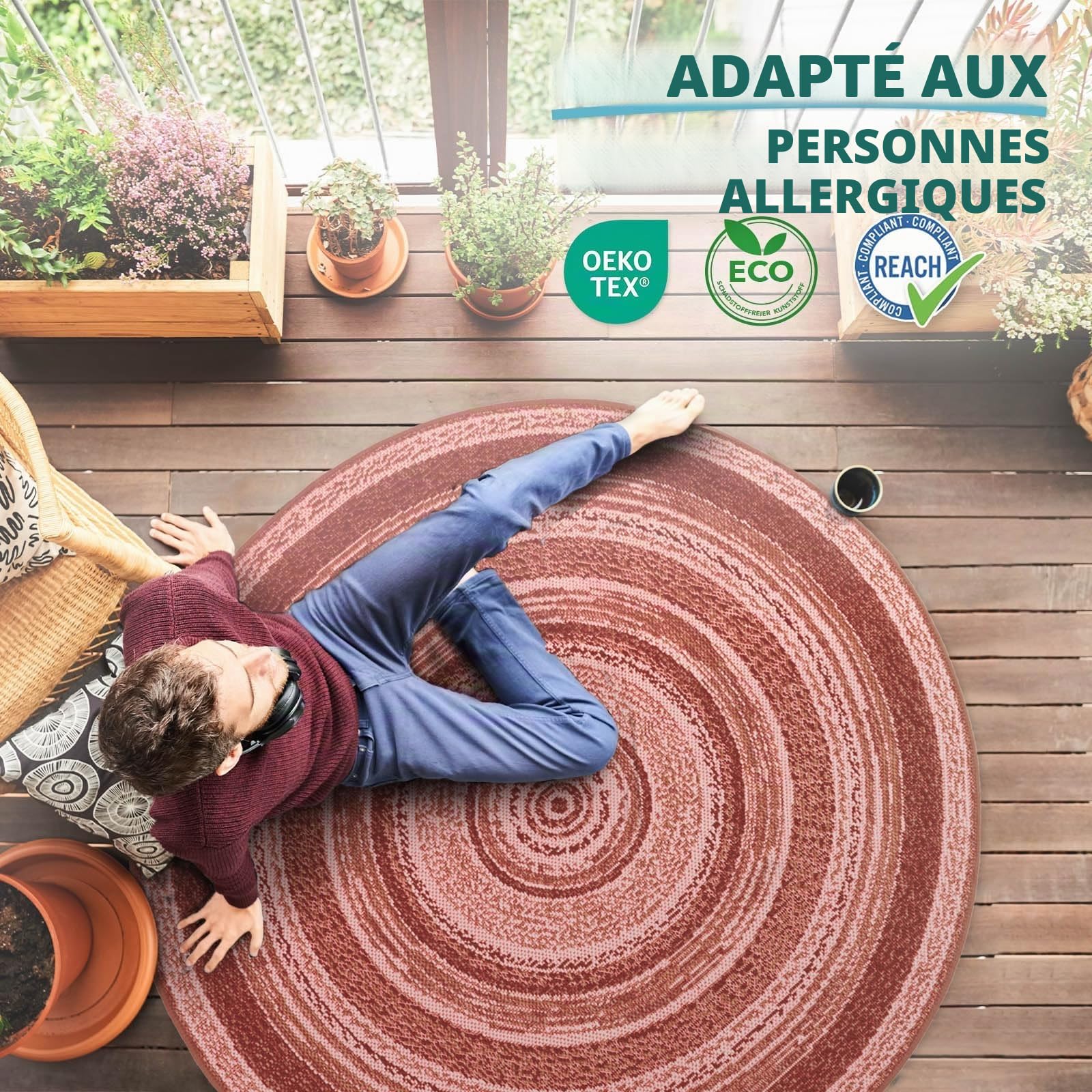 Floordirekt | Tapis Extérieur & Intérieur tissé Plat, Lavable, Résistant aux UV | Certifié Öko-Tex | Idéal pour la terrasse, Le Balcon, la Cuisine et Le Salon | Zoe Terra, Ø 120cm