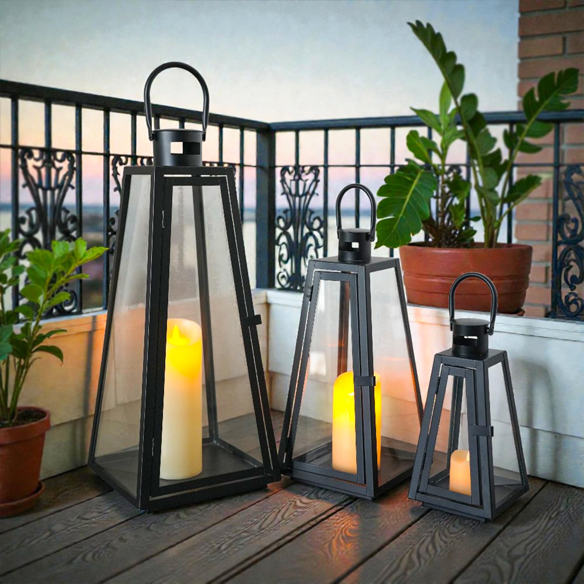 Trirocks Black Set Of 3 Decorative Candle Lantern 54 & 40 & 27.5 Cm Metal Outdoor Candle Holder Hanging Lantern With Tempered Glass For Christmas Home Living Room Parties Event Indoors Outdoors (Black)
