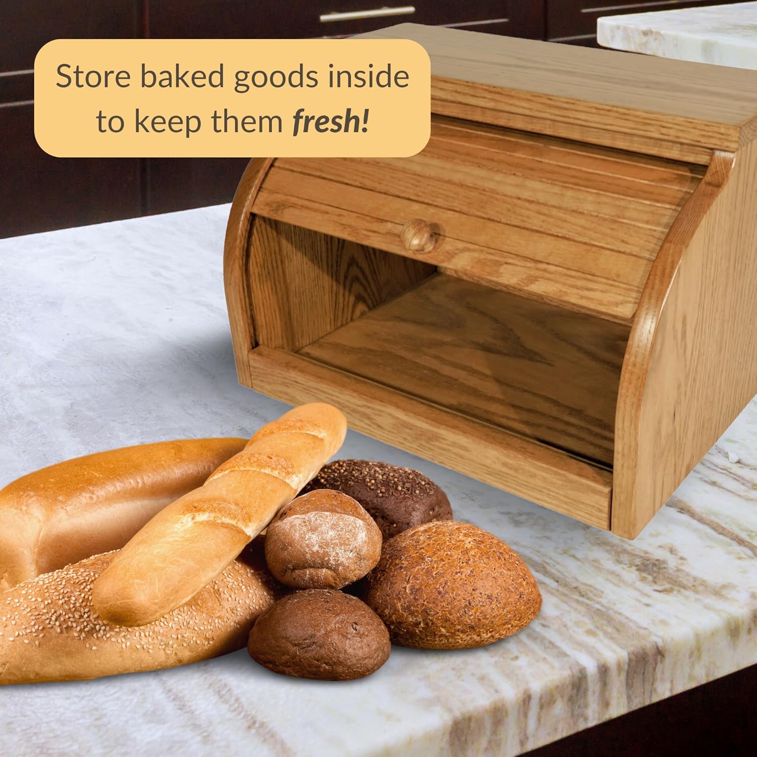 DutchCrafters Amish USA Made Solid Wood Countertop Bread Box, Bread Holder for Kitchen Counter, Large Bread Box for Kitchen Countertop (Oak - Chestnut)