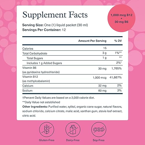 Miniatura 2 de Youtheory Vitamina B12 B6, suplemento de energía diaria y apoyo cerebral, sabor a frambuesa líquida, paquetes de 12  1 onza de una sola porción