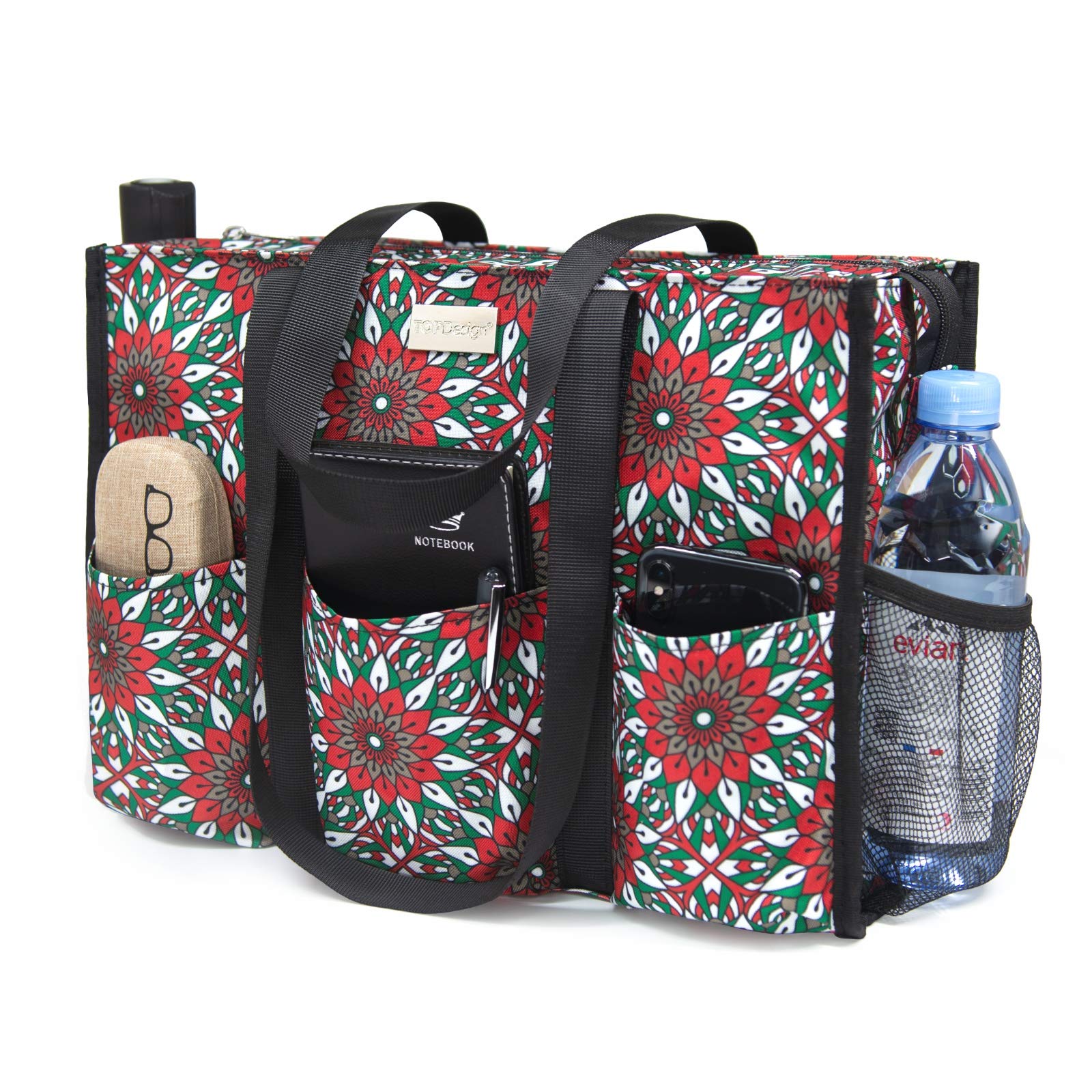TOPDesign Utility Water Resistant Tote Bag with 13 Pockets, Zipper Closure